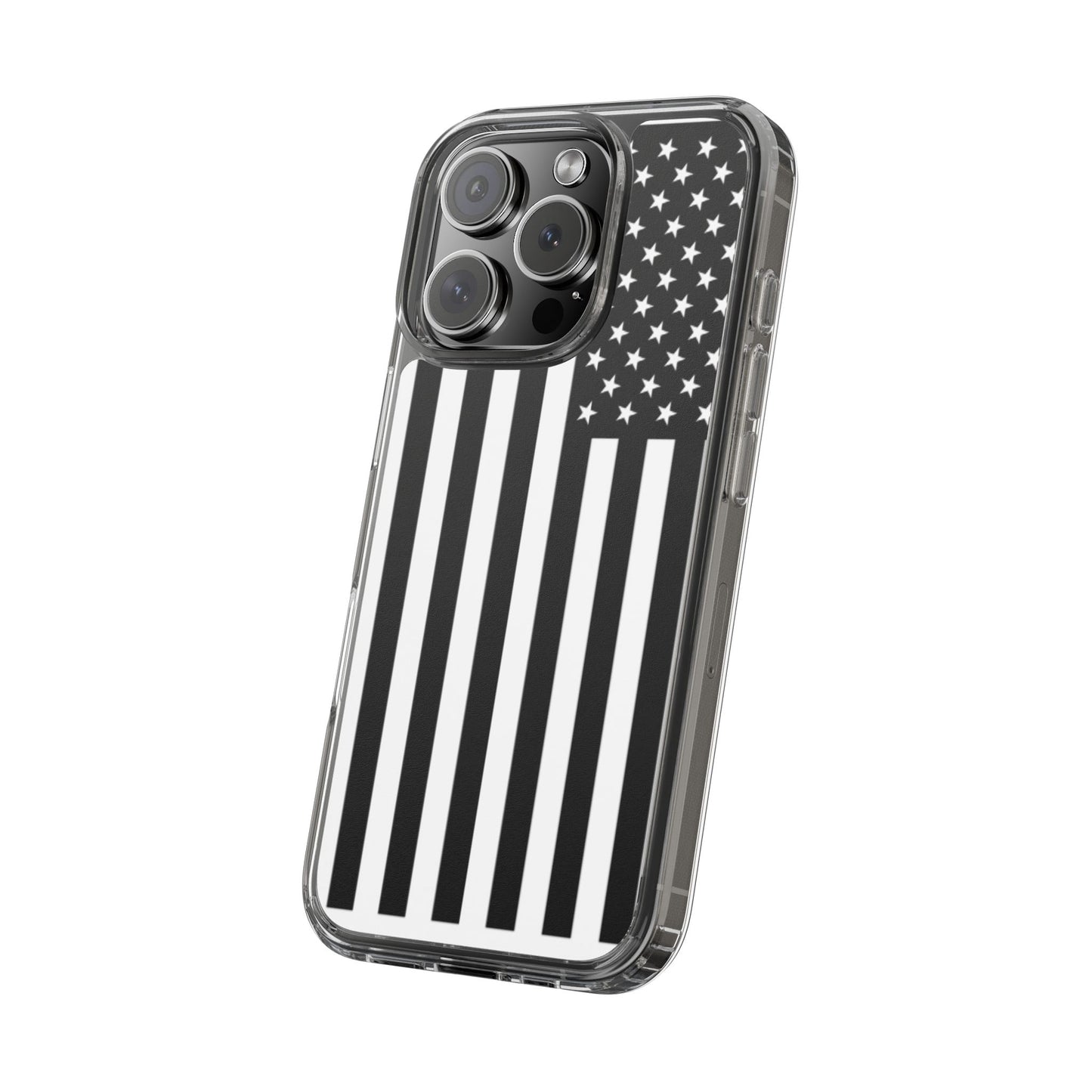 Patriotic Clear Phone Case - Black and White American Flag Design