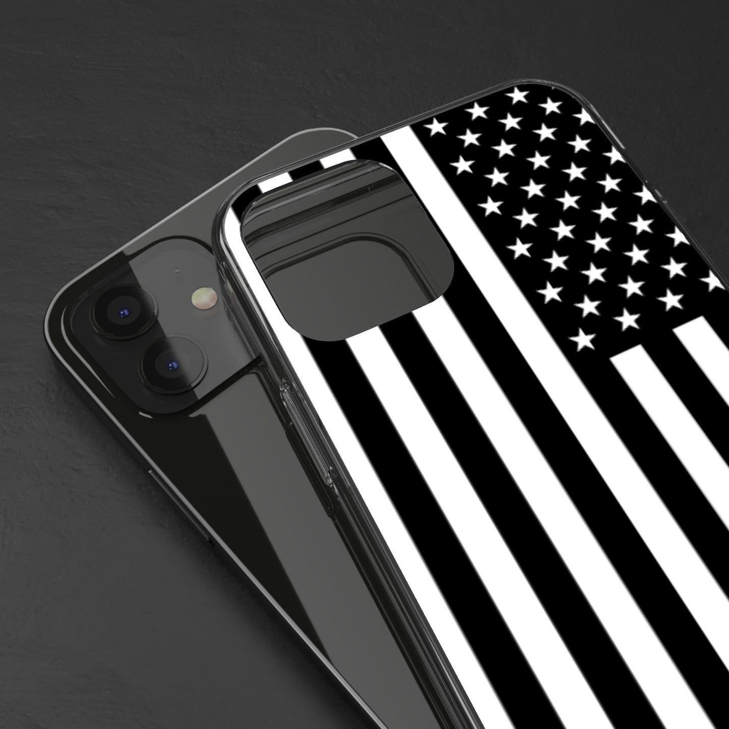 Patriotic Clear Phone Case - Black and White American Flag Design