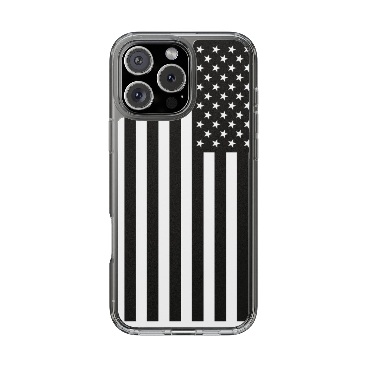 Patriotic Clear Phone Case - Black and White American Flag Design