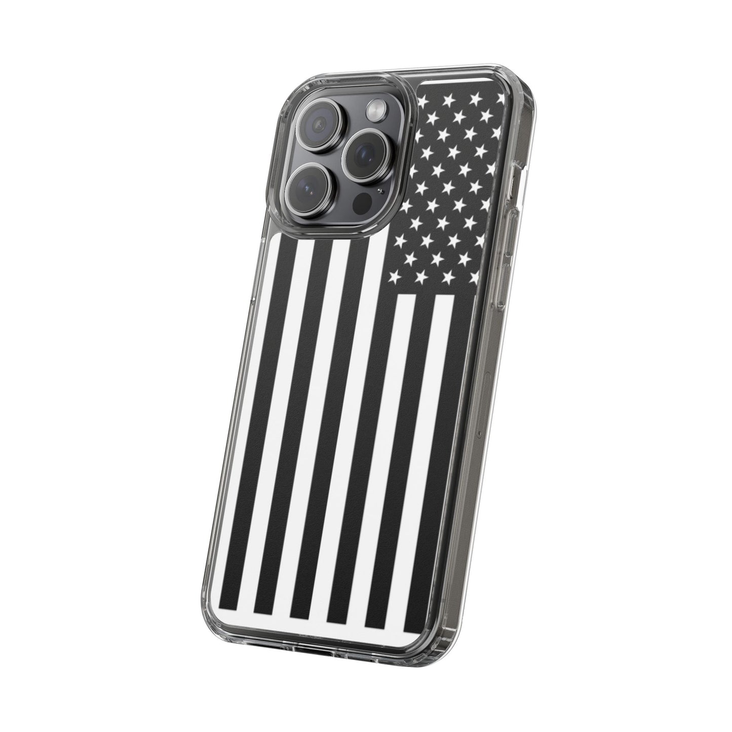 Patriotic Clear Phone Case - Black and White American Flag Design