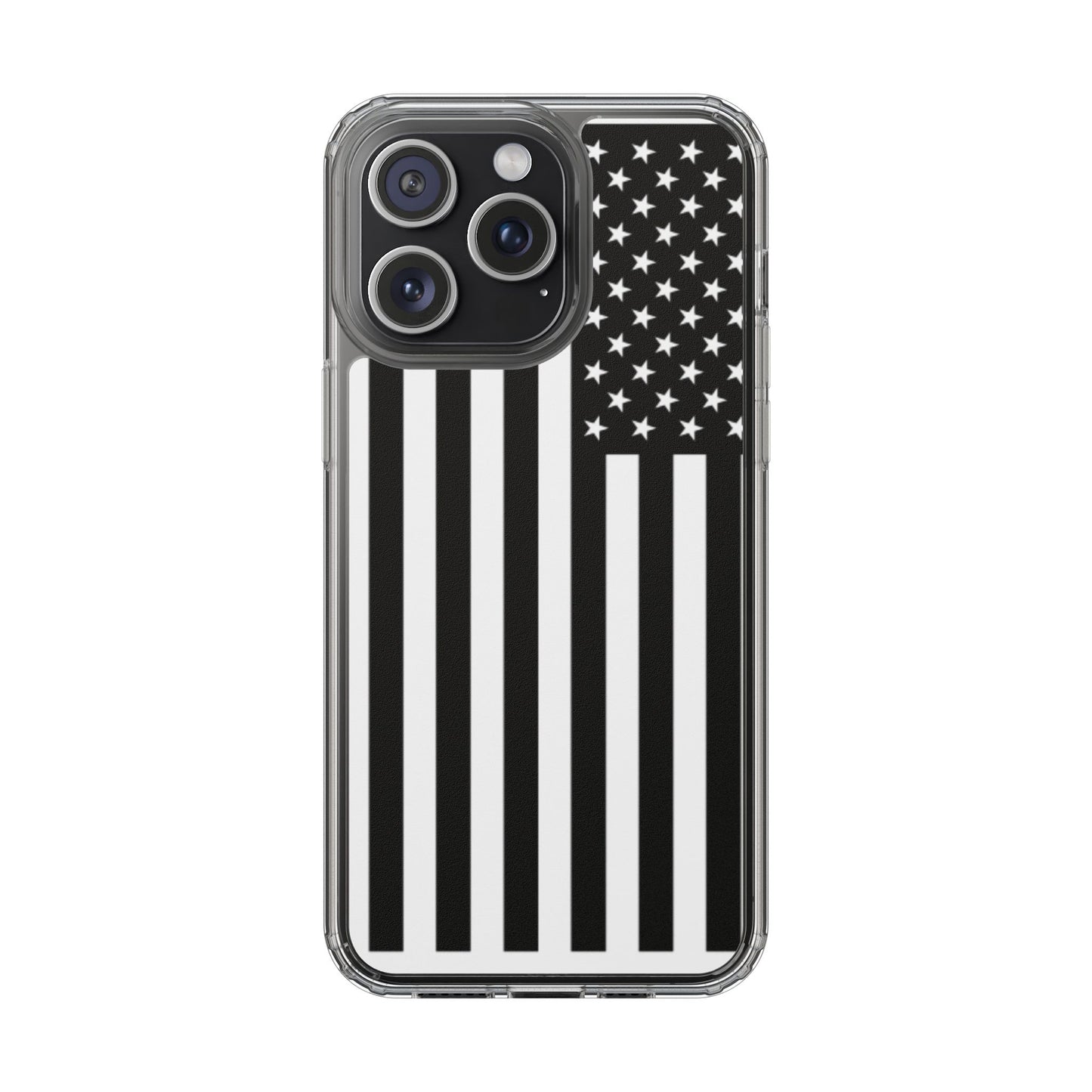 Patriotic Clear Phone Case - Black and White American Flag Design