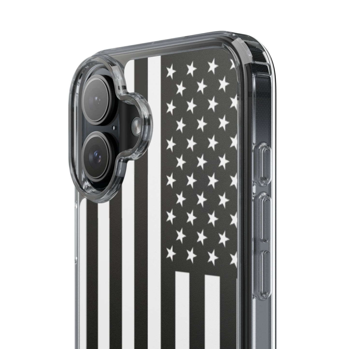 Patriotic Clear Phone Case - Black and White American Flag Design