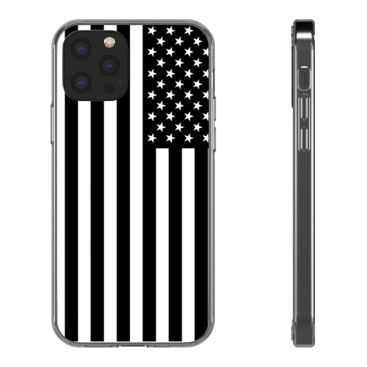 Patriotic Clear Phone Case - Black and White American Flag Design