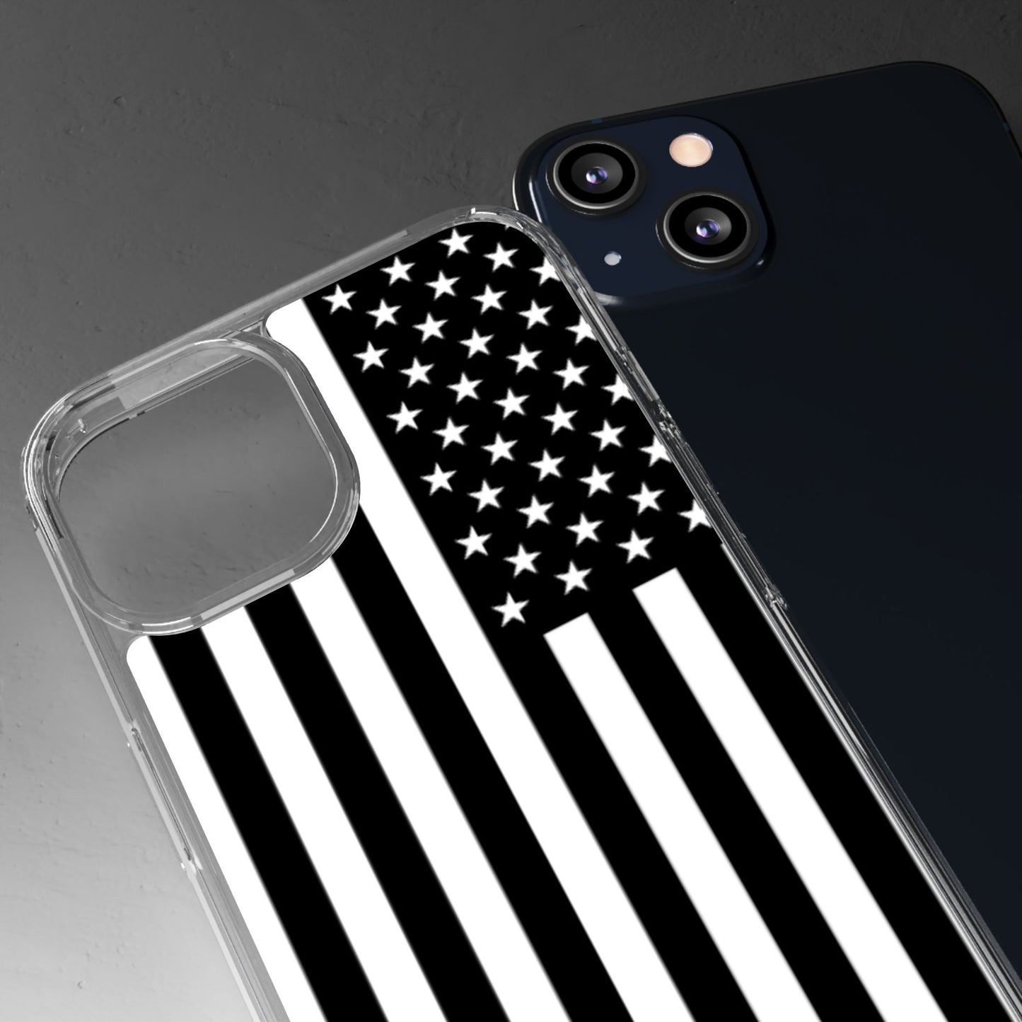 Patriotic Clear Phone Case - Black and White American Flag Design