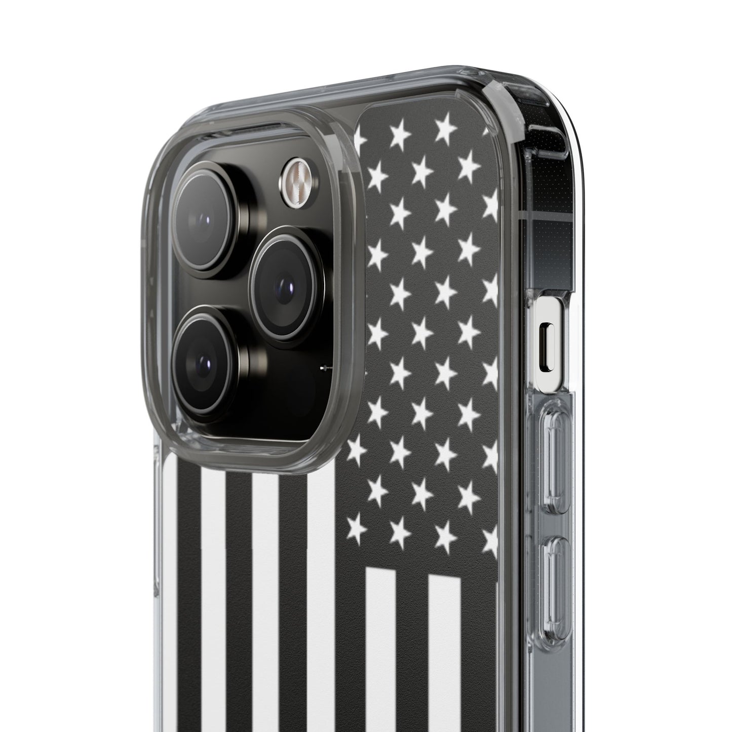 Patriotic Clear Phone Case - Black and White American Flag Design
