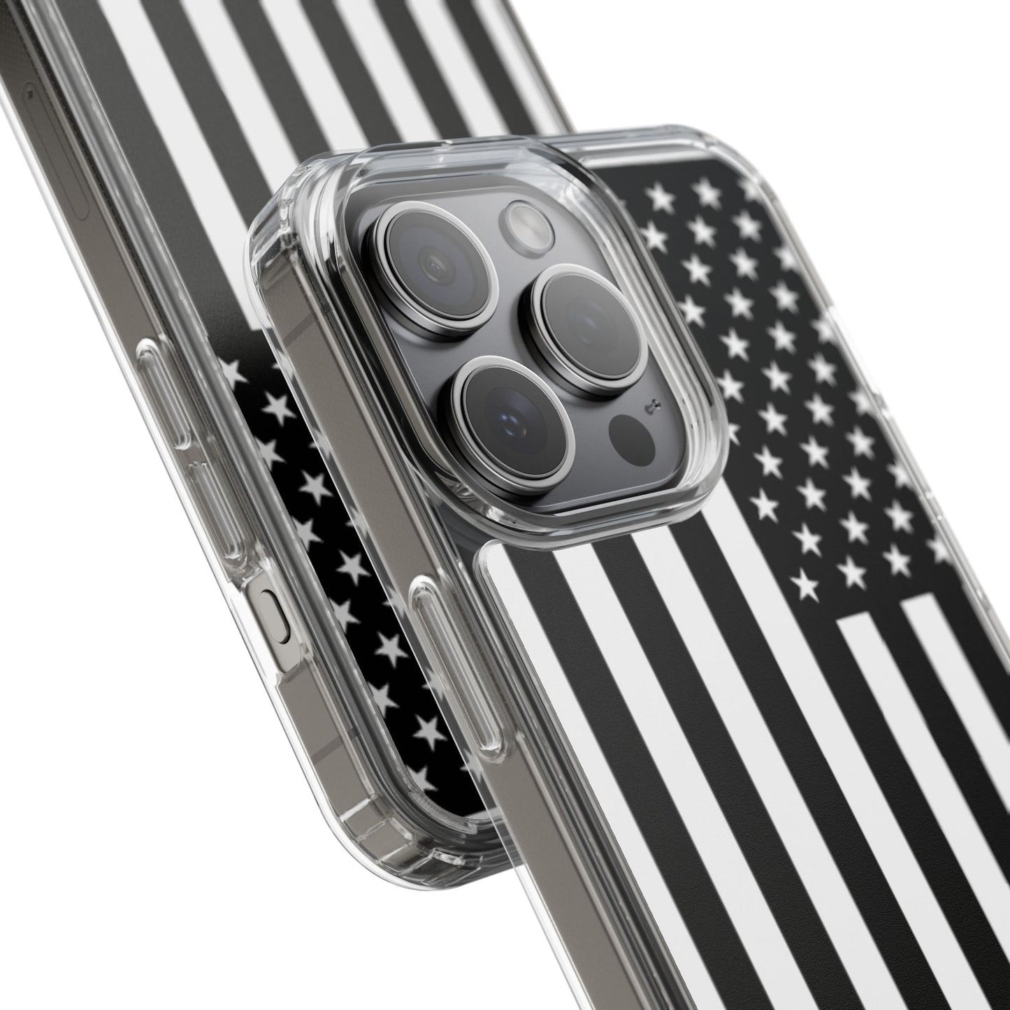 Patriotic Clear Phone Case - Black and White American Flag Design