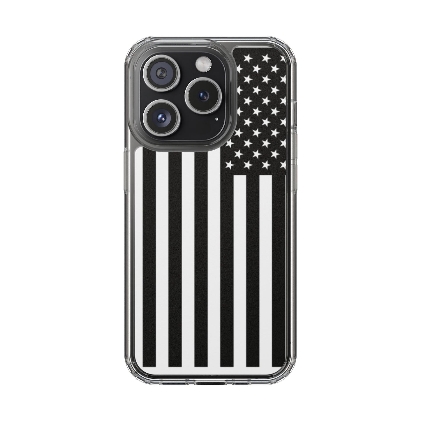 Patriotic Clear Phone Case - Black and White American Flag Design