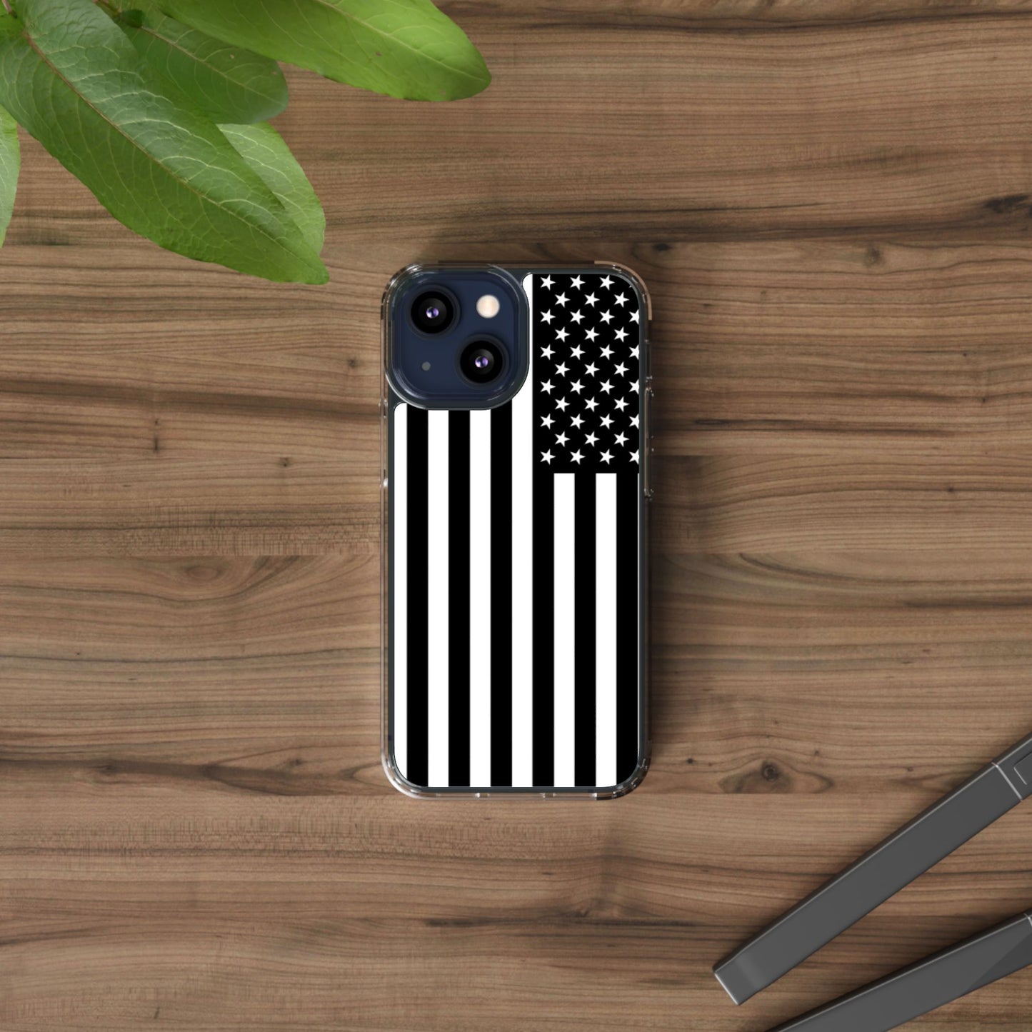 Patriotic Clear Phone Case - Black and White American Flag Design