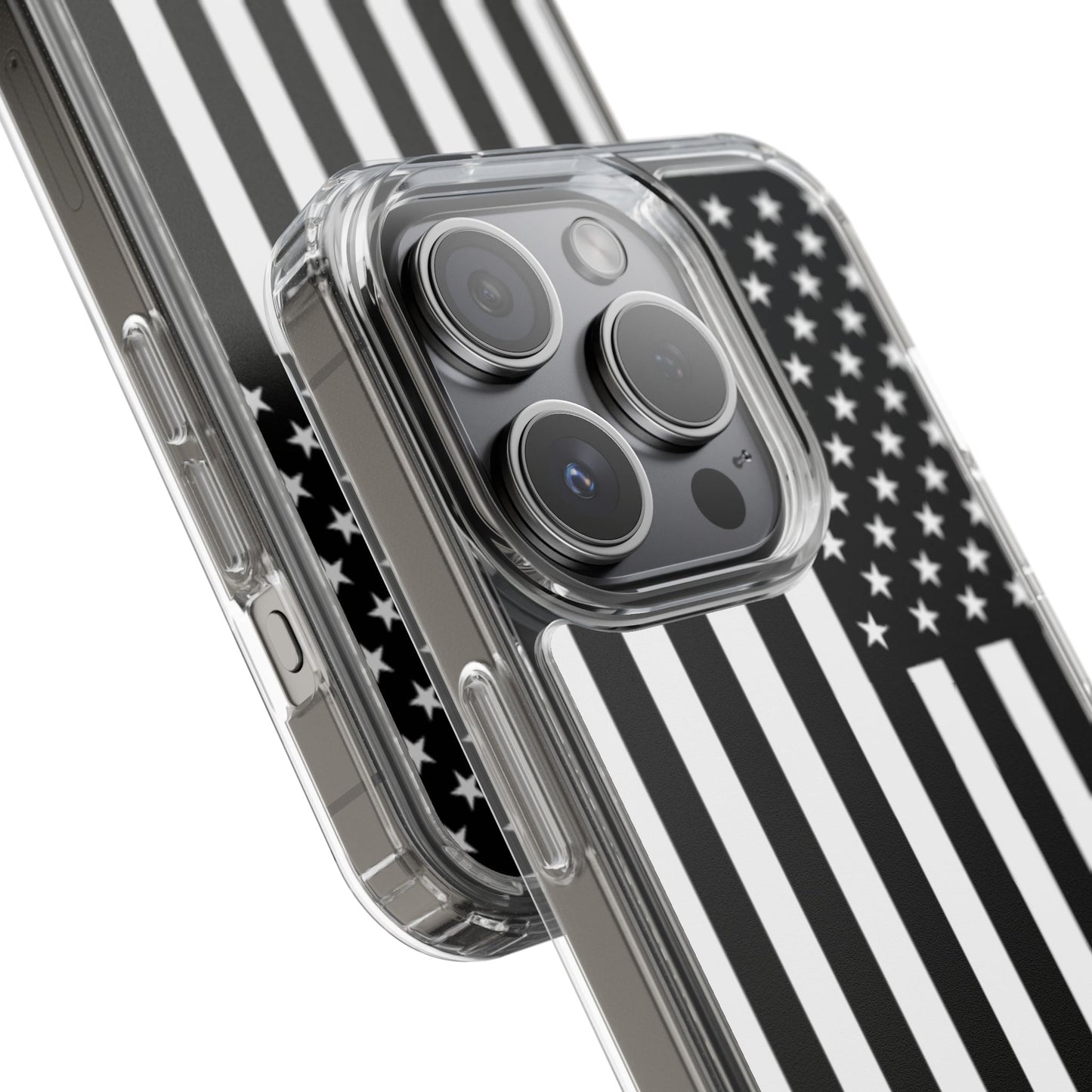 Patriotic Clear Phone Case - Black and White American Flag Design