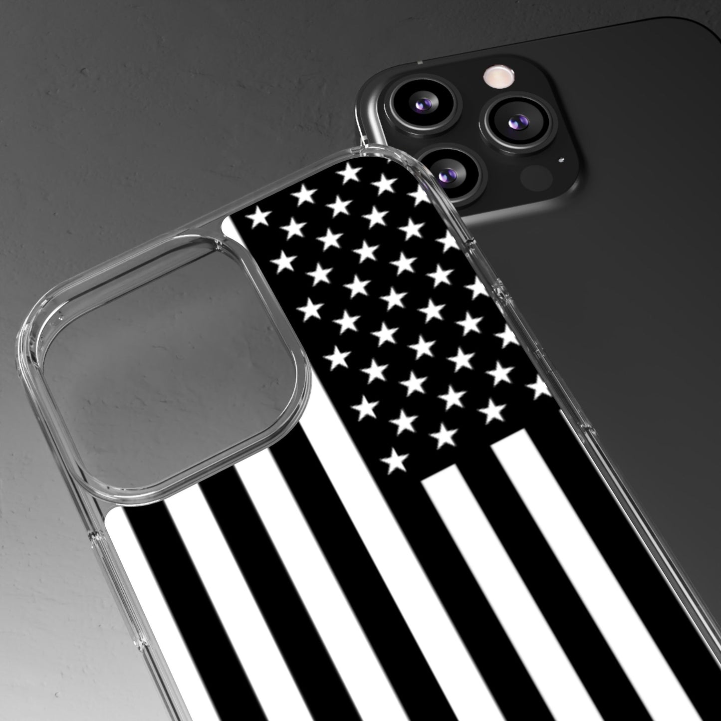 Patriotic Clear Phone Case - Black and White American Flag Design