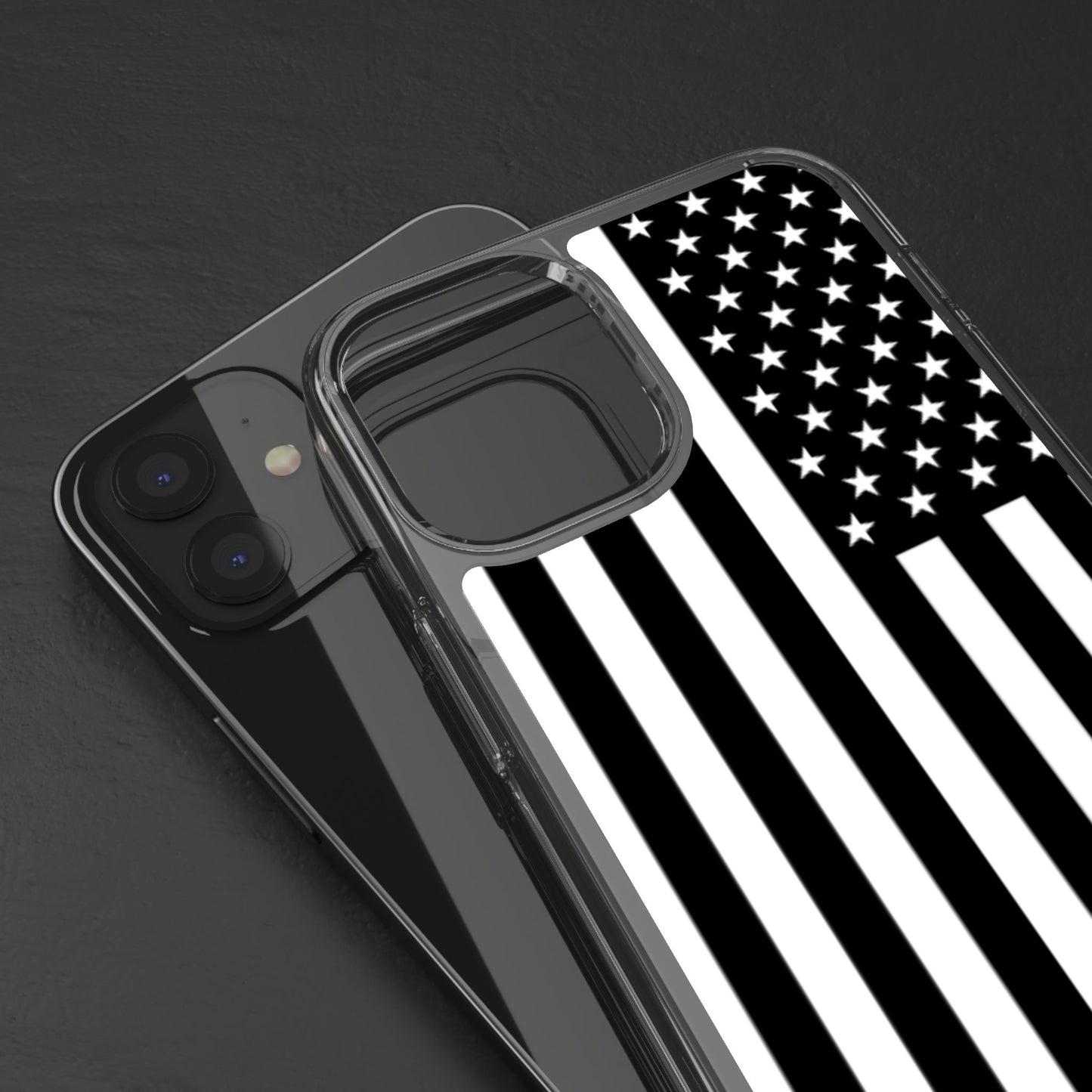 Patriotic Clear Phone Case - Black and White American Flag Design