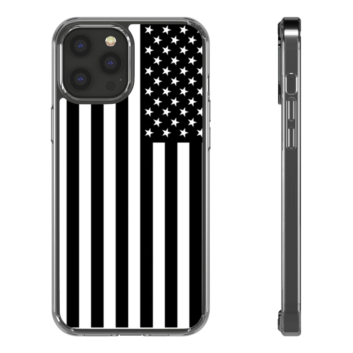 Patriotic Clear Phone Case - Black and White American Flag Design