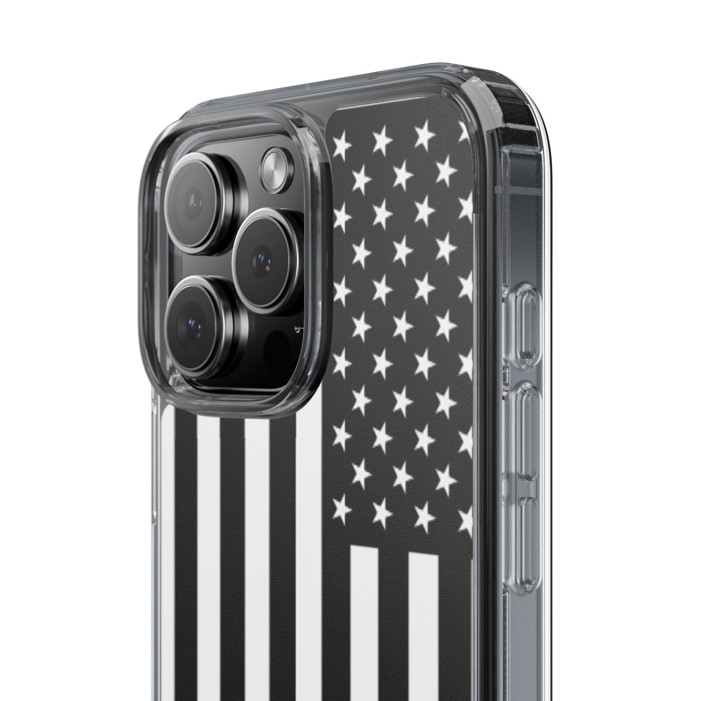 Patriotic Clear Phone Case - Black and White American Flag Design