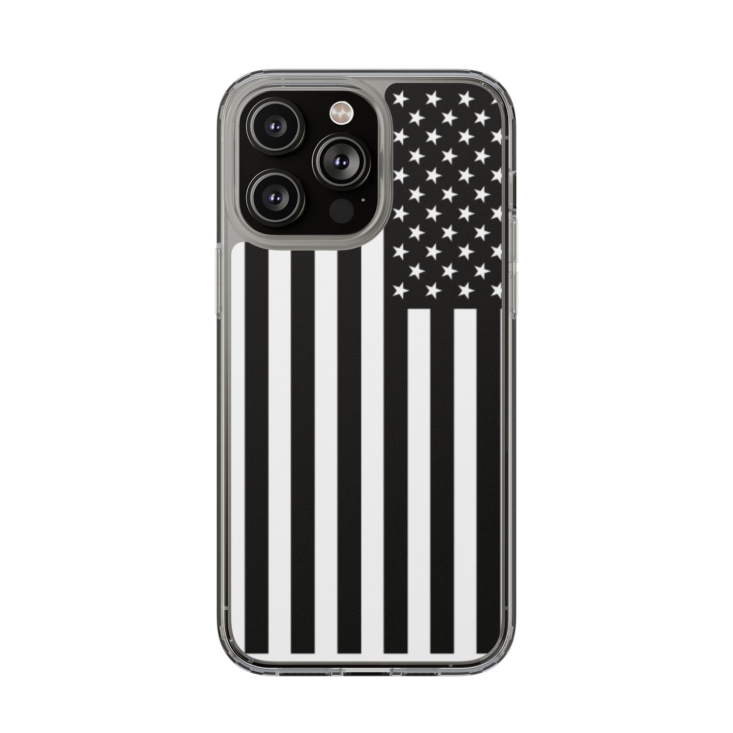 Patriotic Clear Phone Case - Black and White American Flag Design