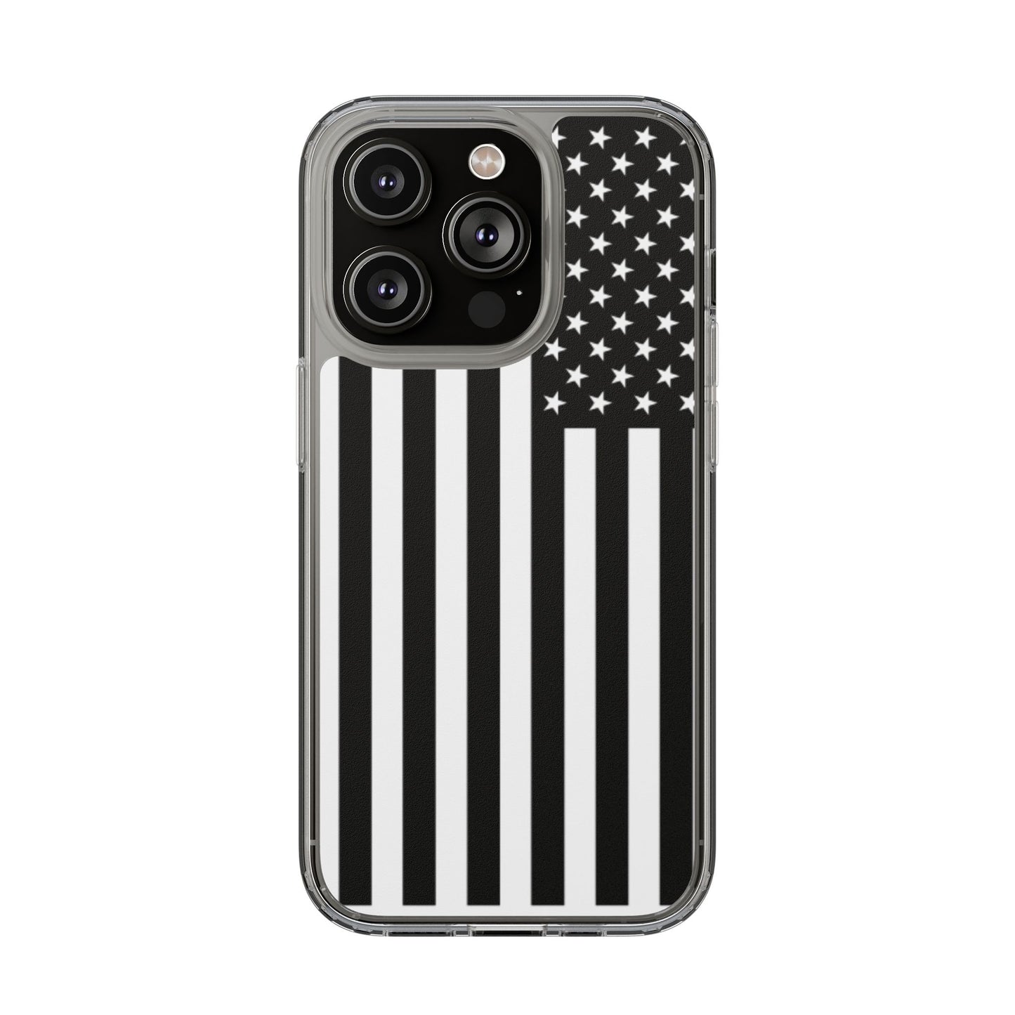 Patriotic Clear Phone Case - Black and White American Flag Design
