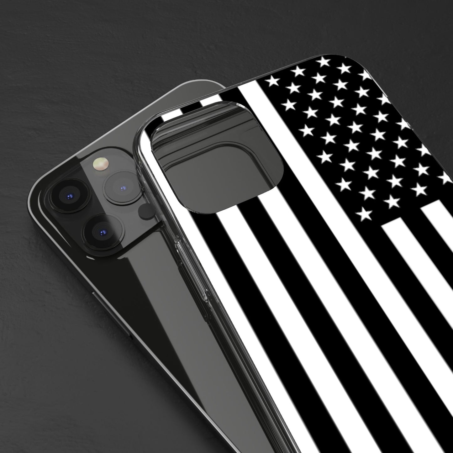 Patriotic Clear Phone Case - Black and White American Flag Design