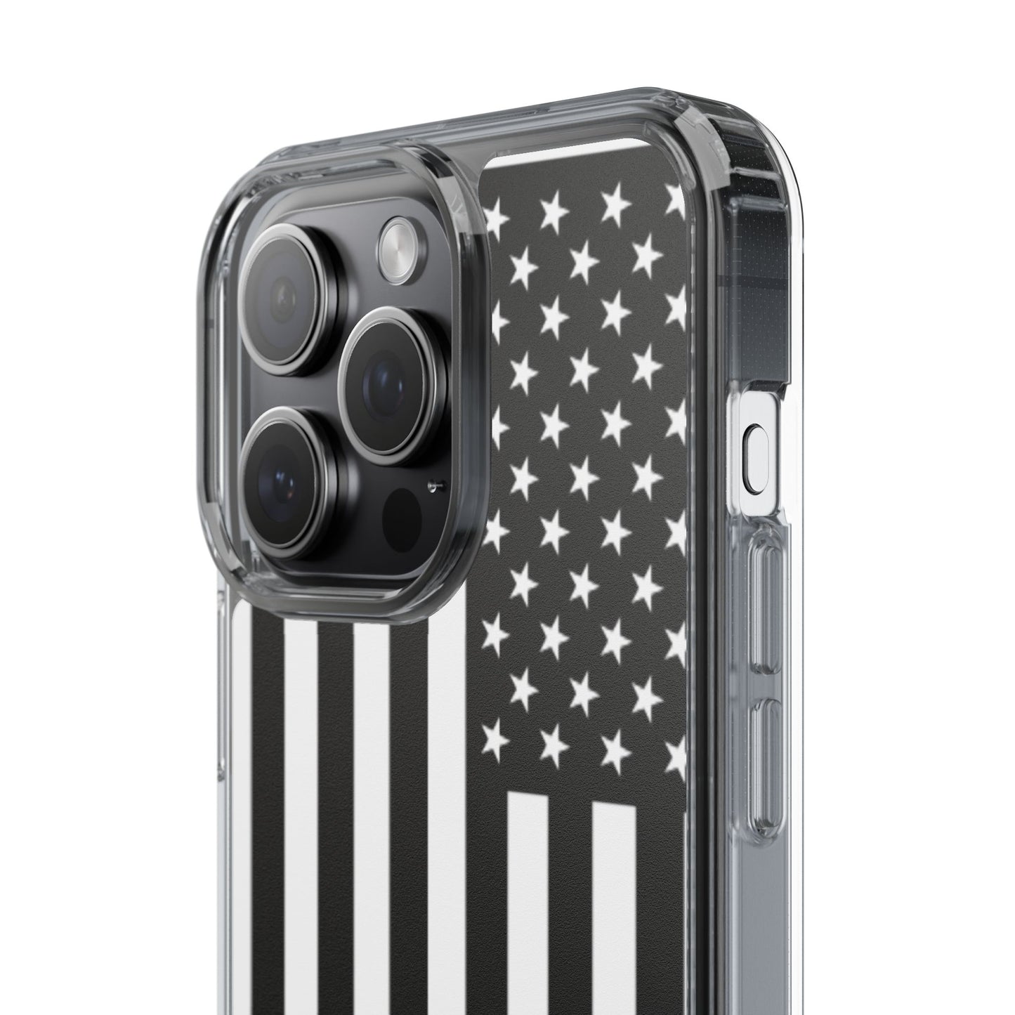 Patriotic Clear Phone Case - Black and White American Flag Design
