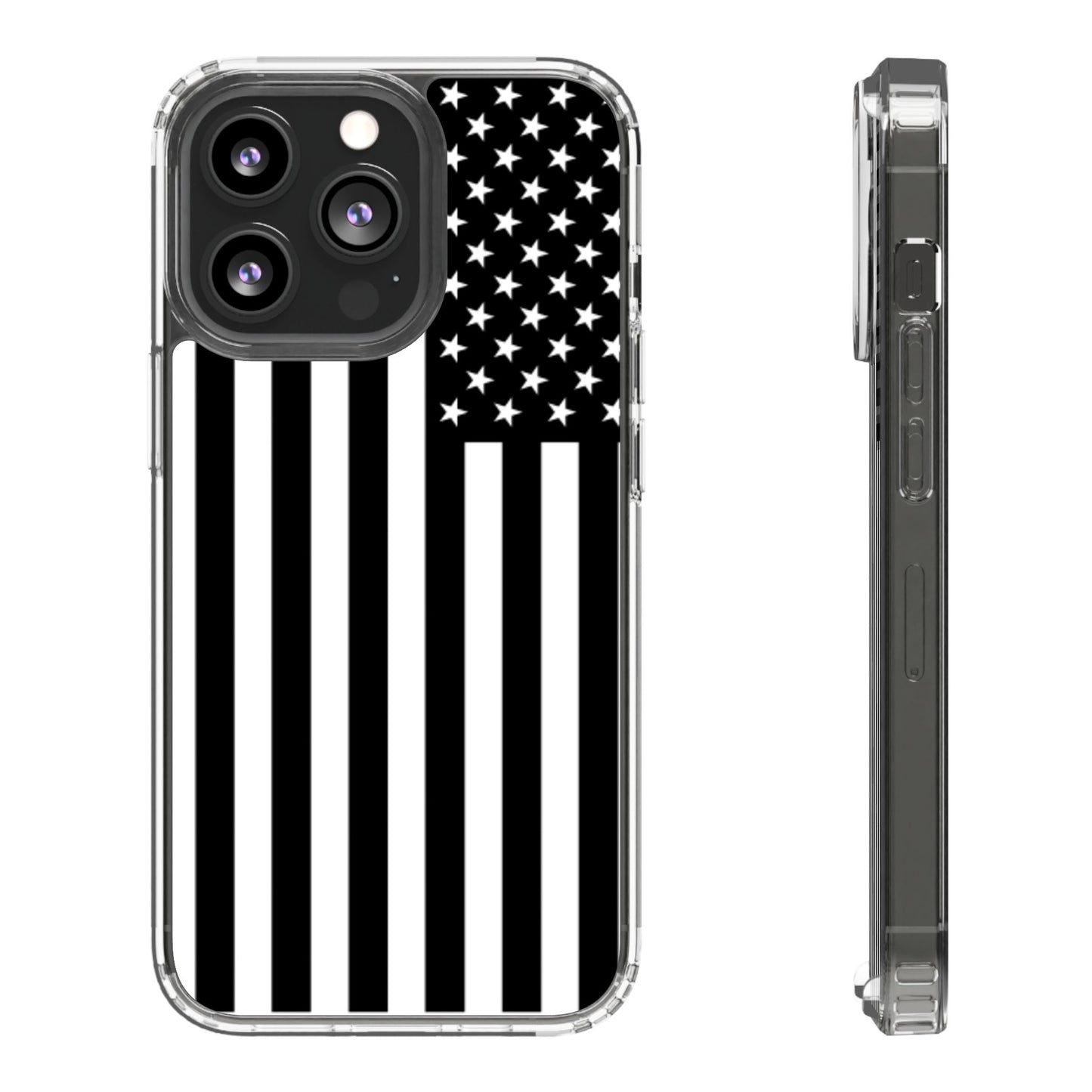 Patriotic Clear Phone Case - Black and White American Flag Design
