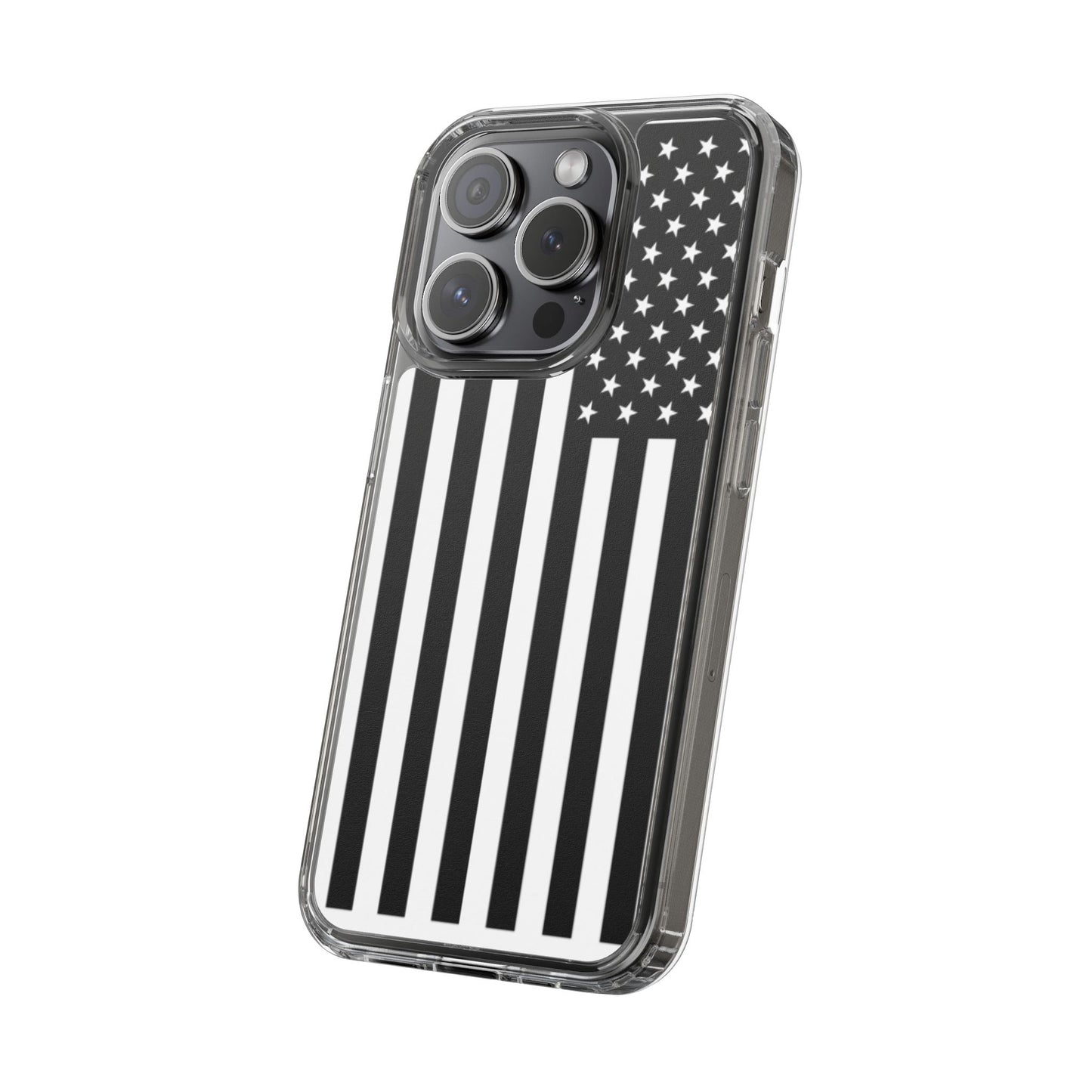 Patriotic Clear Phone Case - Black and White American Flag Design