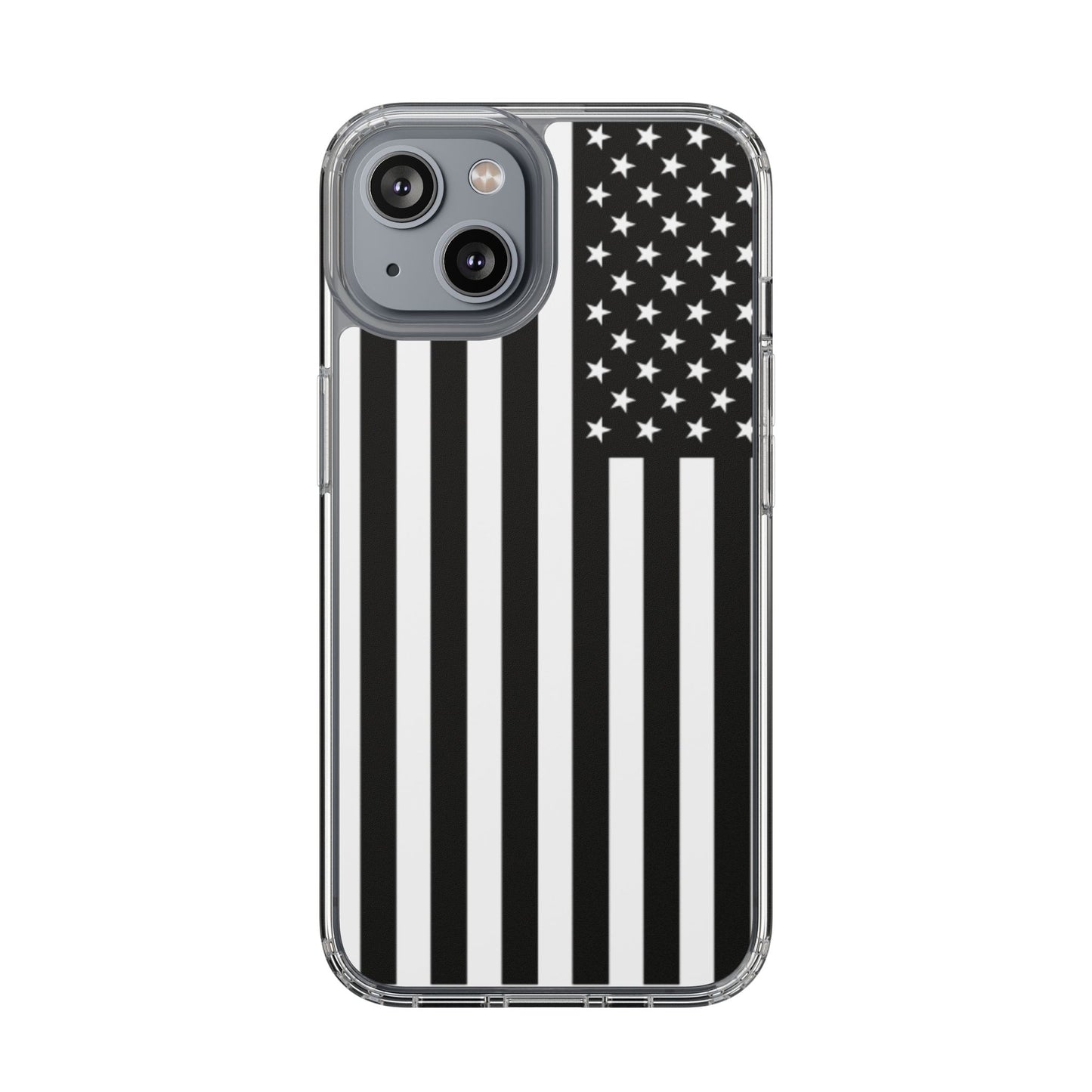 Patriotic Clear Phone Case - Black and White American Flag Design