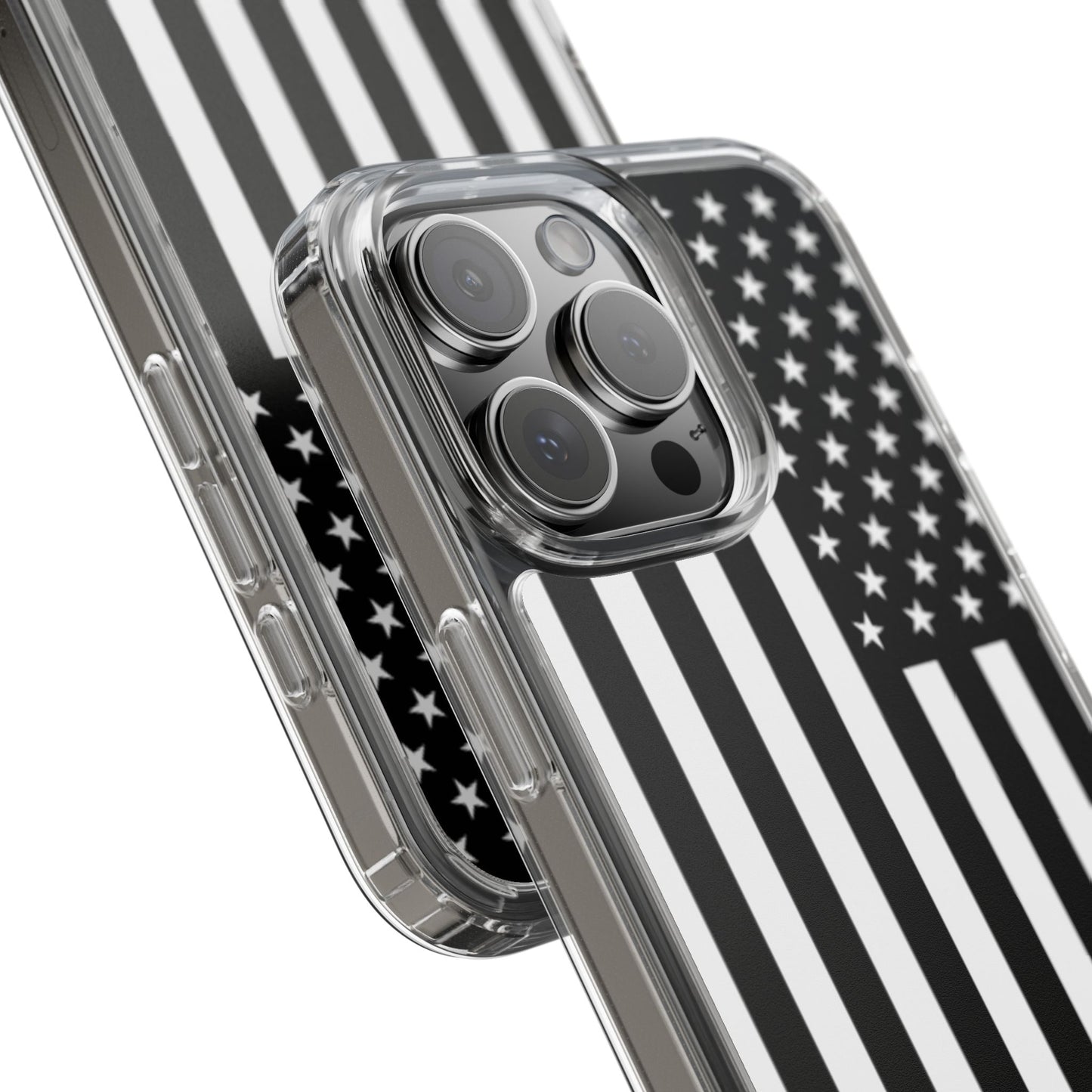 Patriotic Clear Phone Case - Black and White American Flag Design