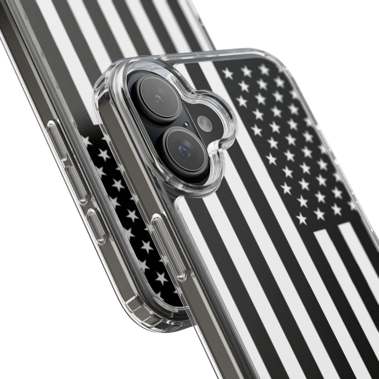 Patriotic Clear Phone Case - Black and White American Flag Design