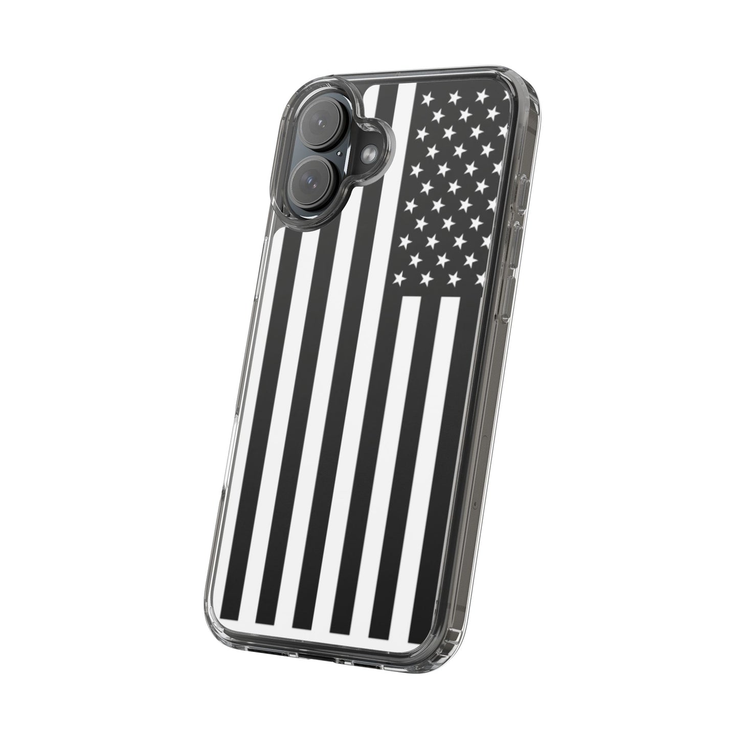Patriotic Clear Phone Case - Black and White American Flag Design