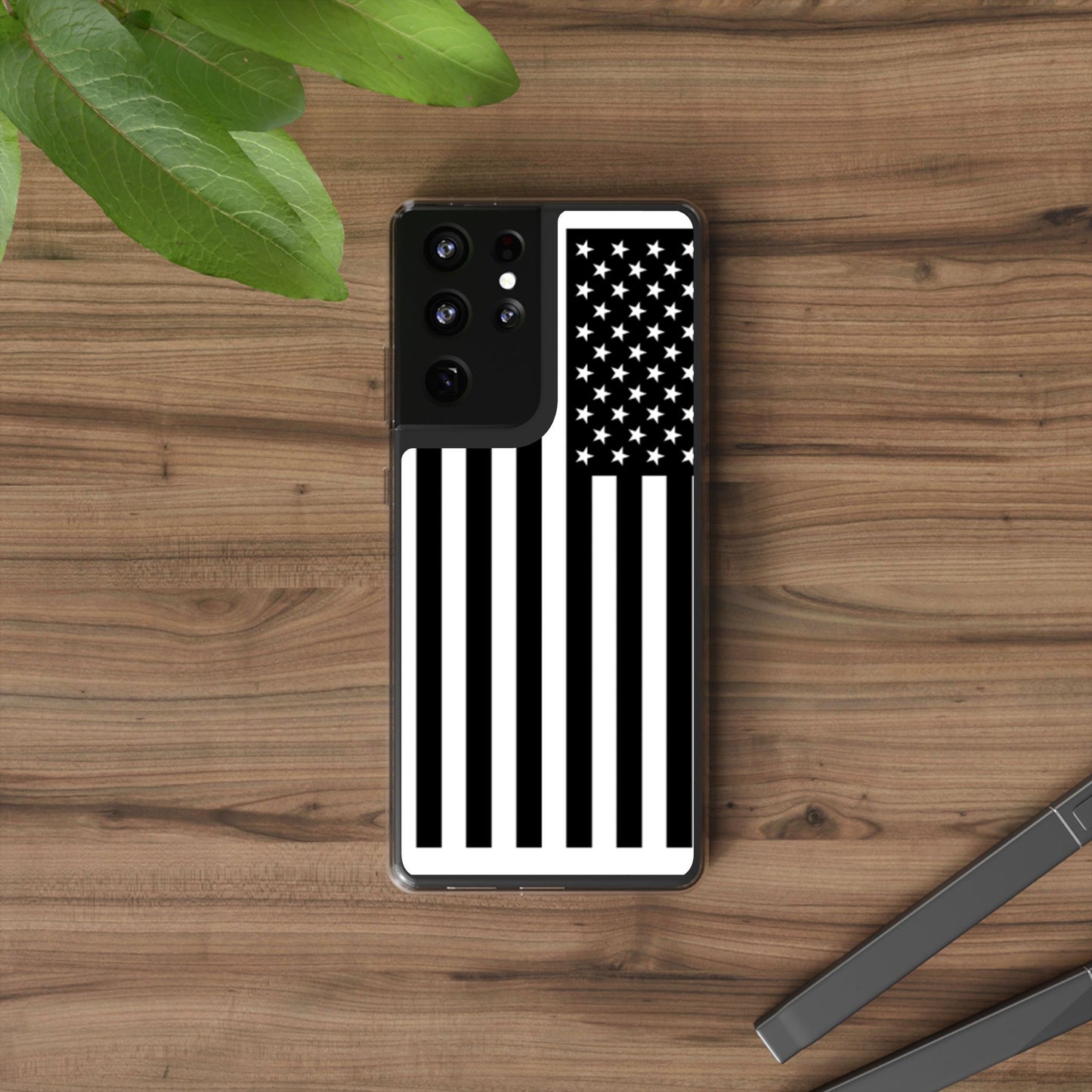 Patriotic Clear Phone Case - Black and White American Flag Design