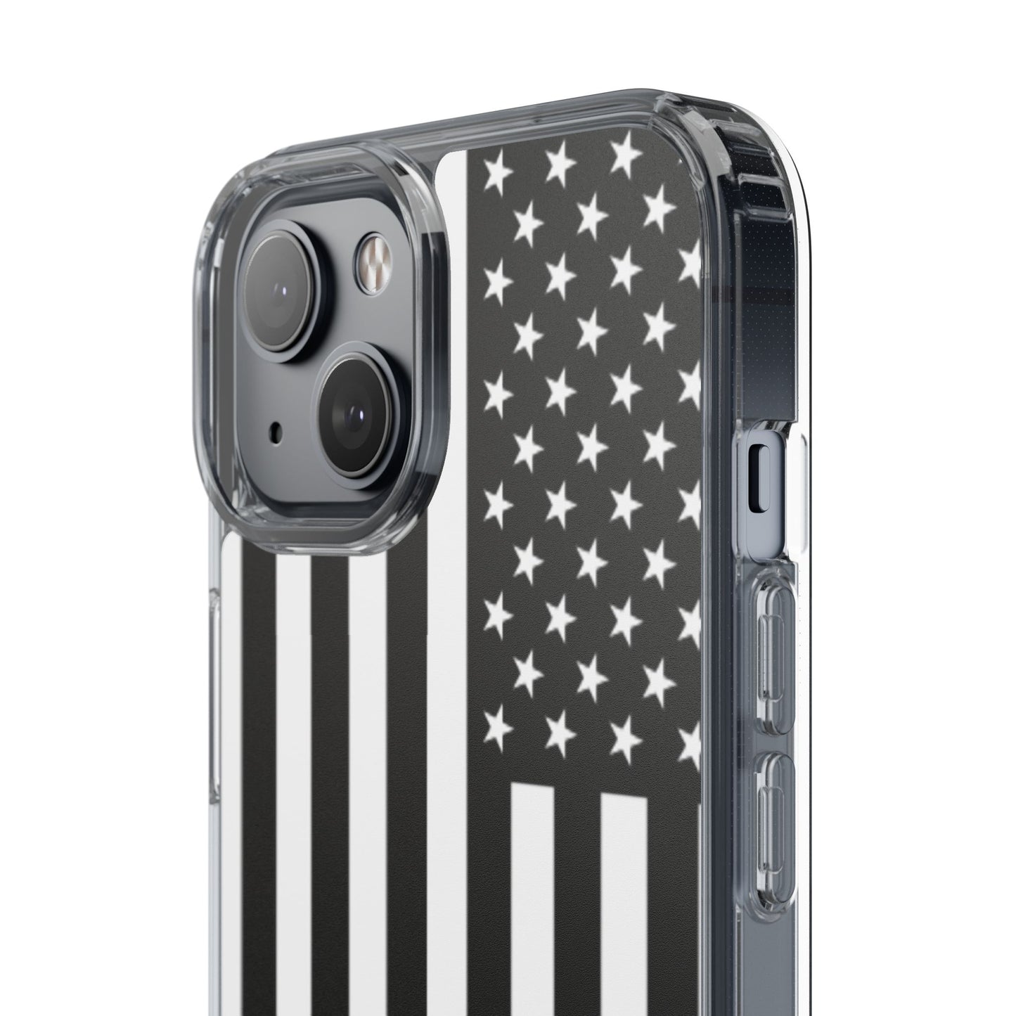 Patriotic Clear Phone Case - Black and White American Flag Design
