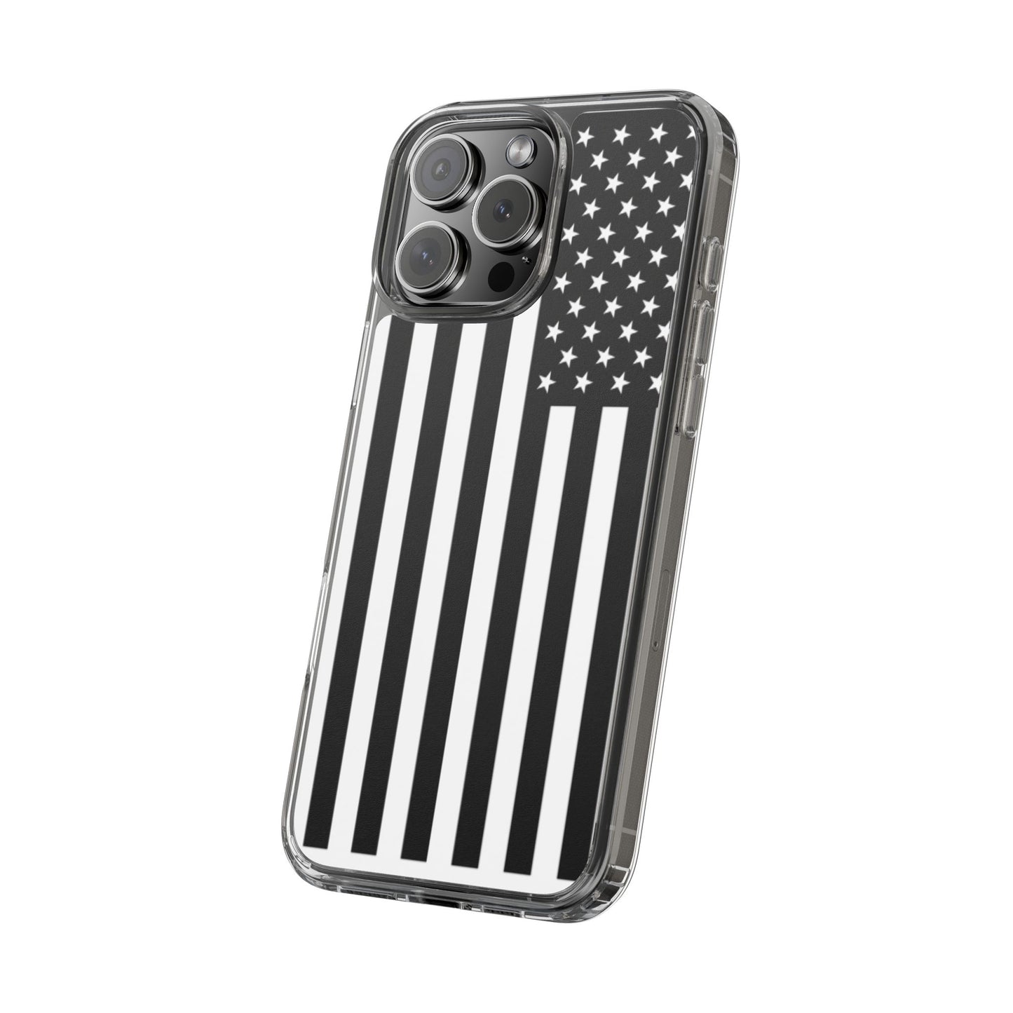 Patriotic Clear Phone Case - Black and White American Flag Design