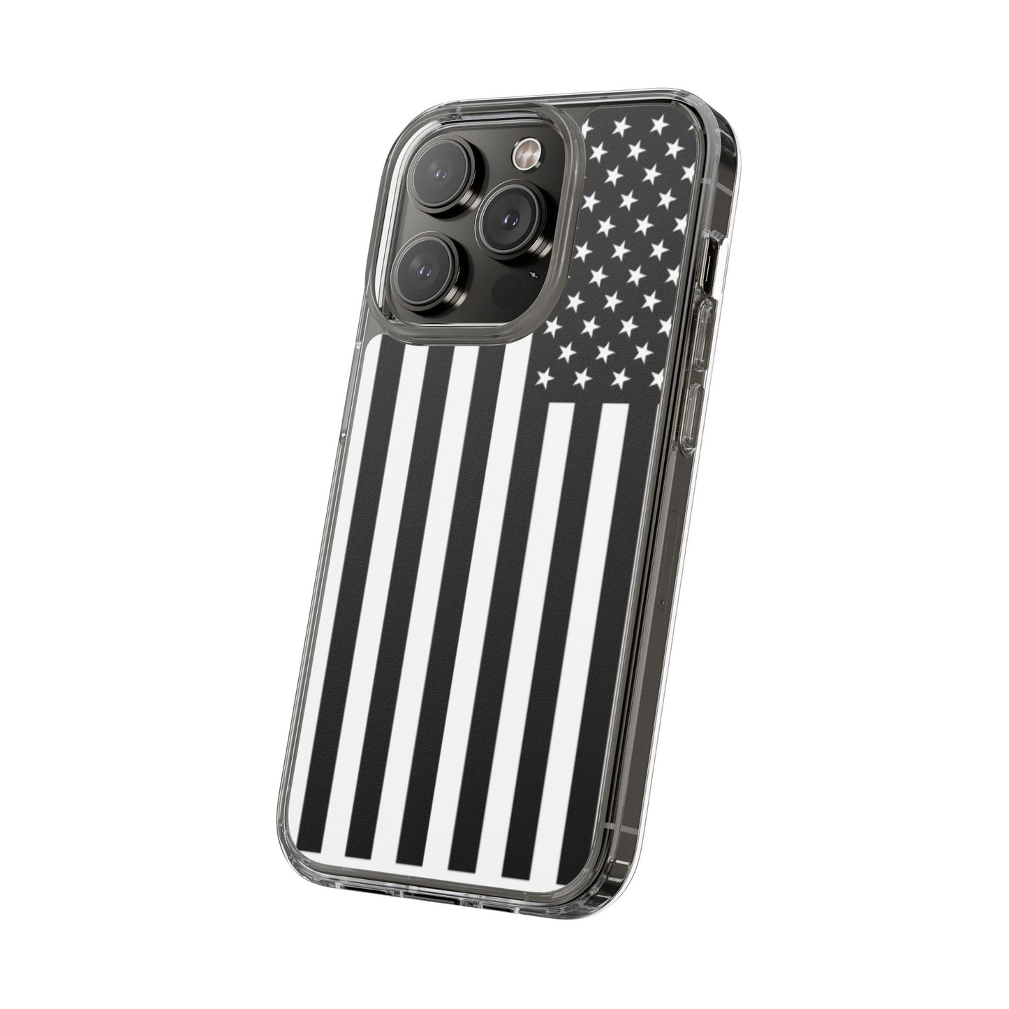 Patriotic Clear Phone Case - Black and White American Flag Design