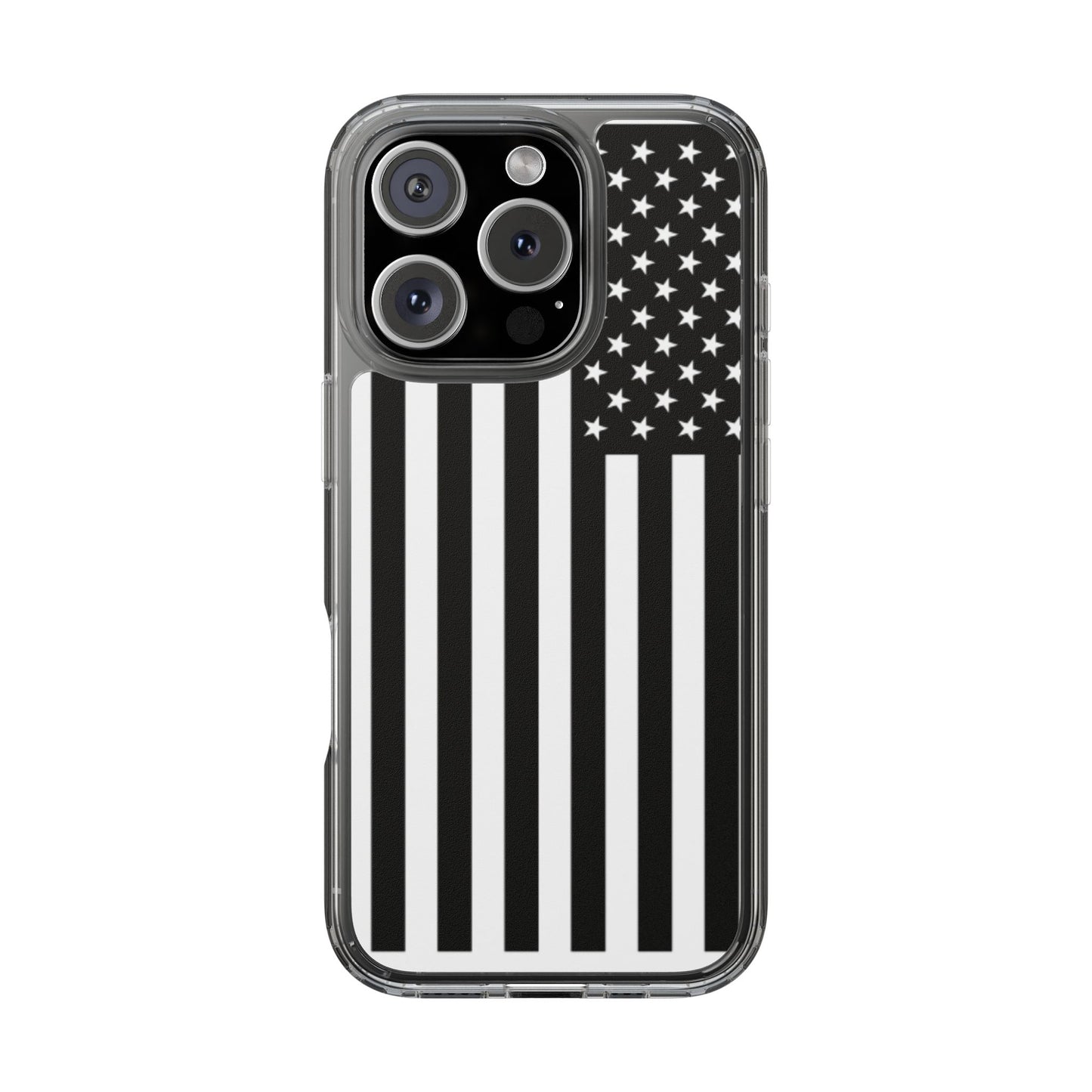 Patriotic Clear Phone Case - Black and White American Flag Design
