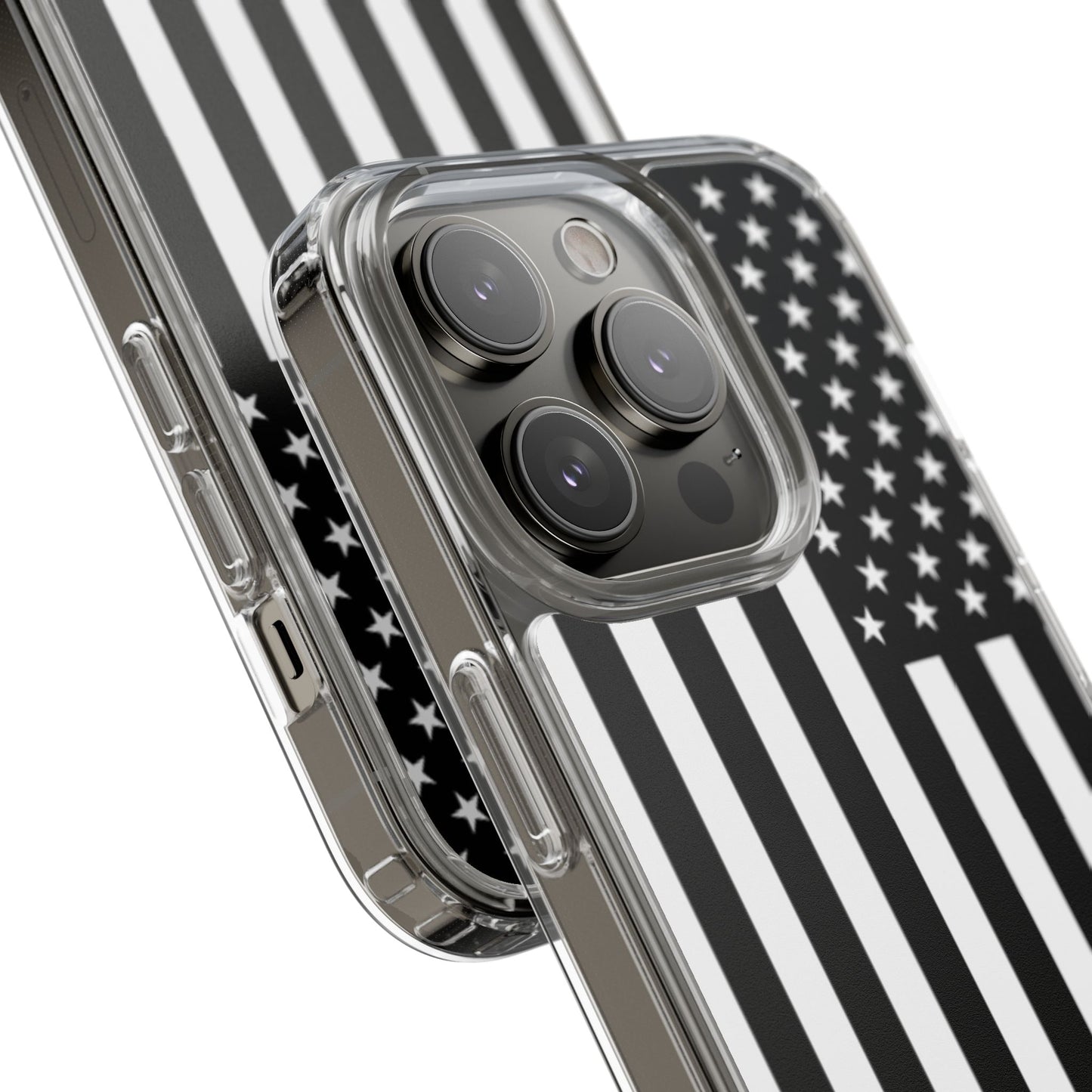 Patriotic Clear Phone Case - Black and White American Flag Design