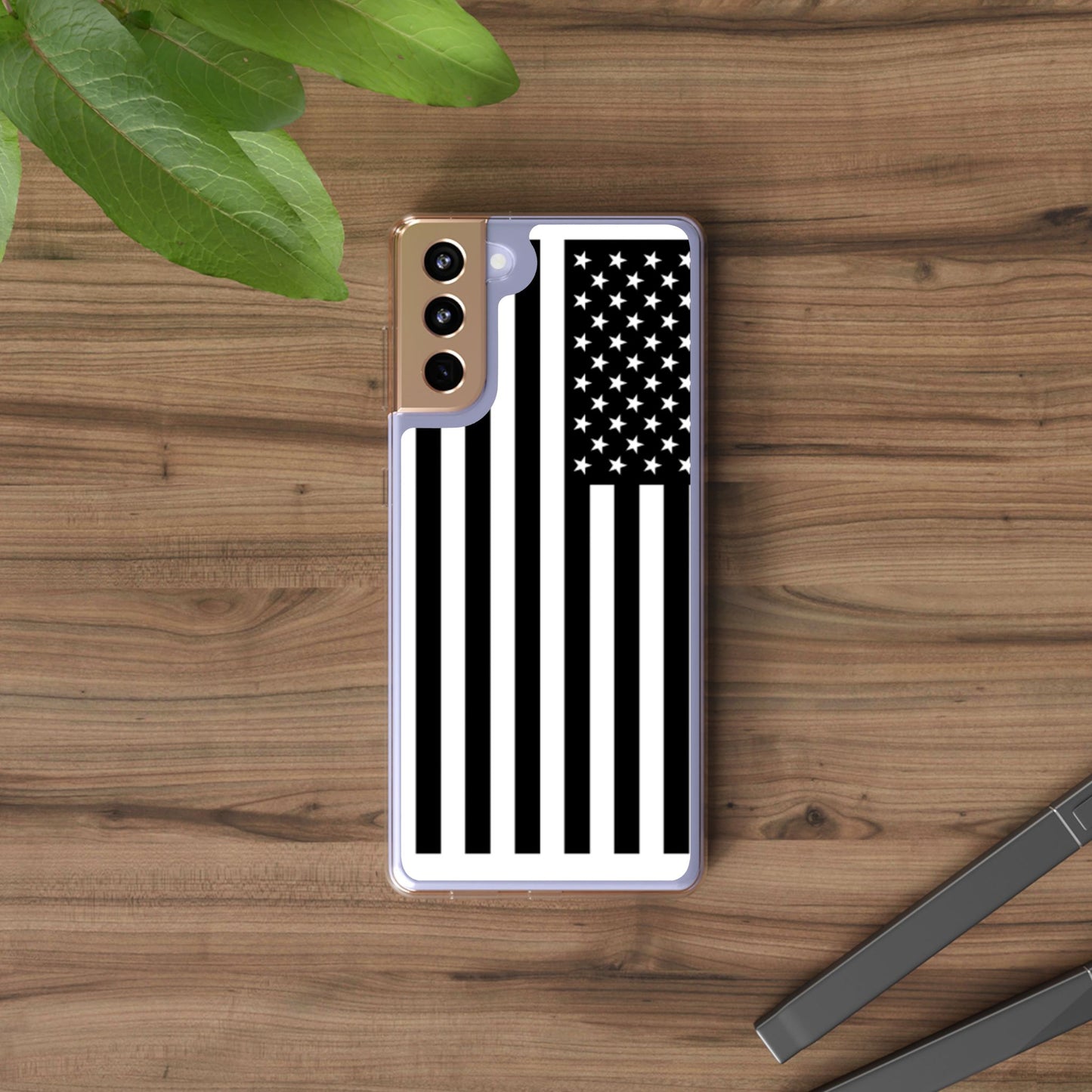 Patriotic Clear Phone Case - Black and White American Flag Design