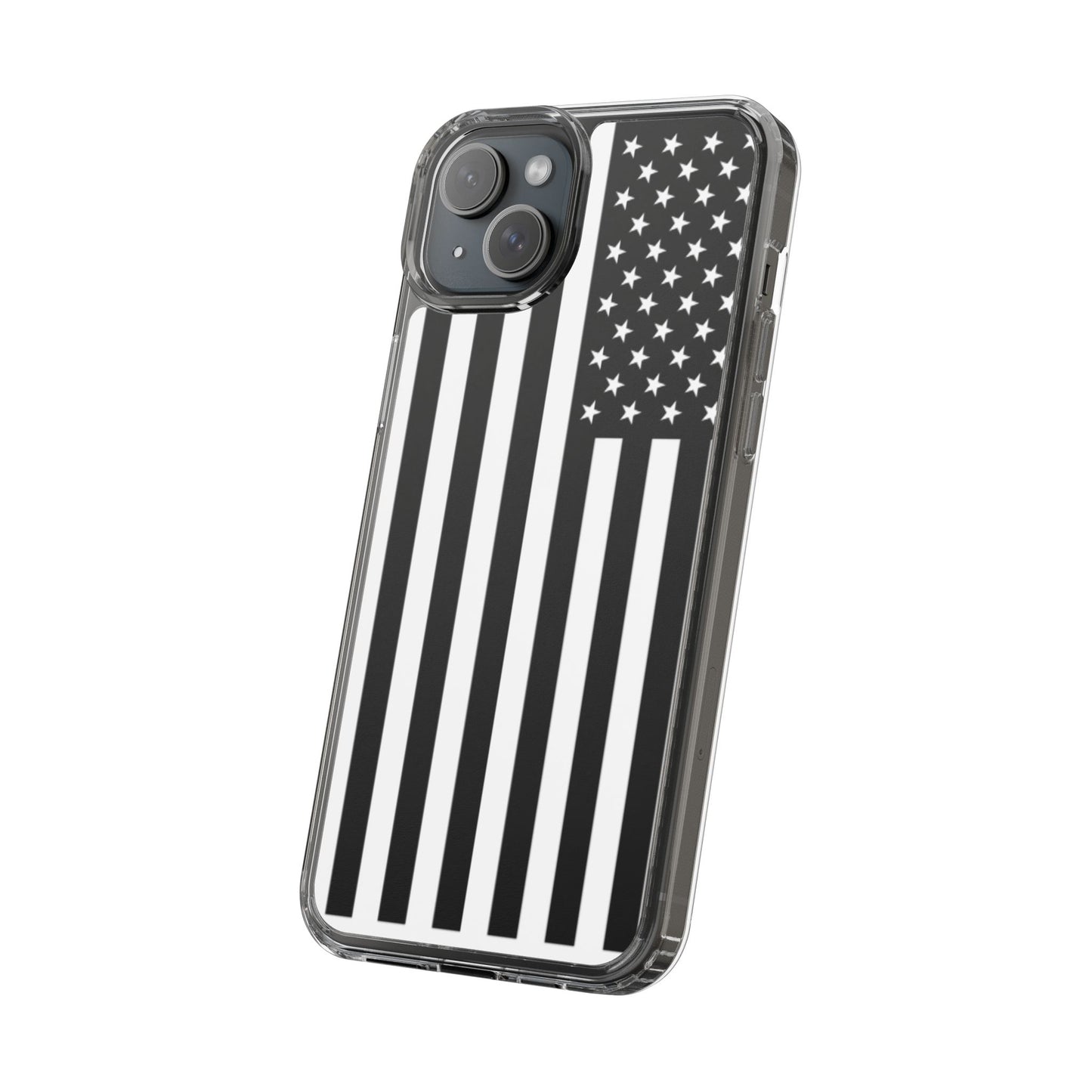 Patriotic Clear Phone Case - Black and White American Flag Design