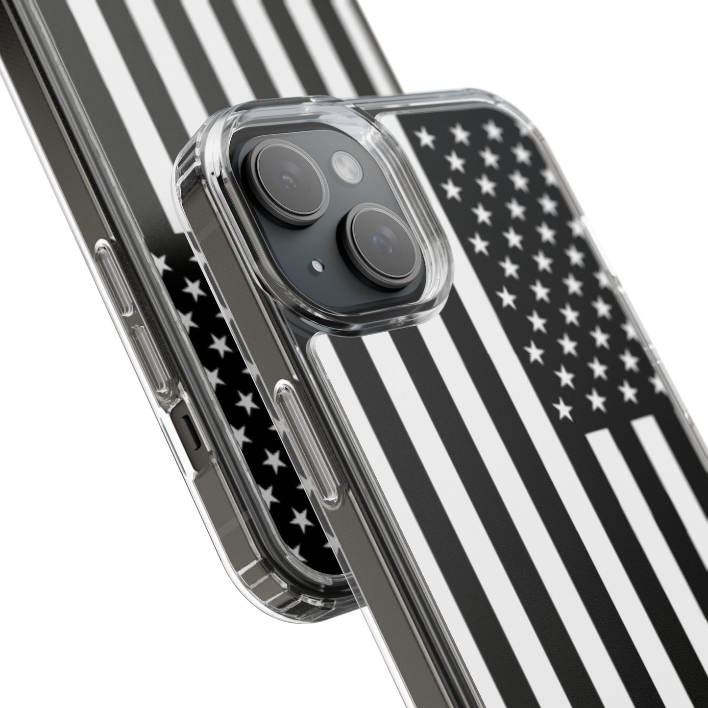 Patriotic Clear Phone Case - Black and White American Flag Design