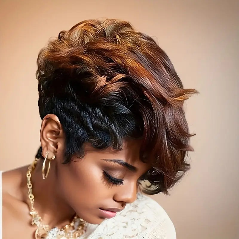 Short Black Non-toxic Wig, Mixed With Brown Bangs, Natural Short Hair, High Temperature Silk Synthetic Short Hair, Suitable For Black Women.