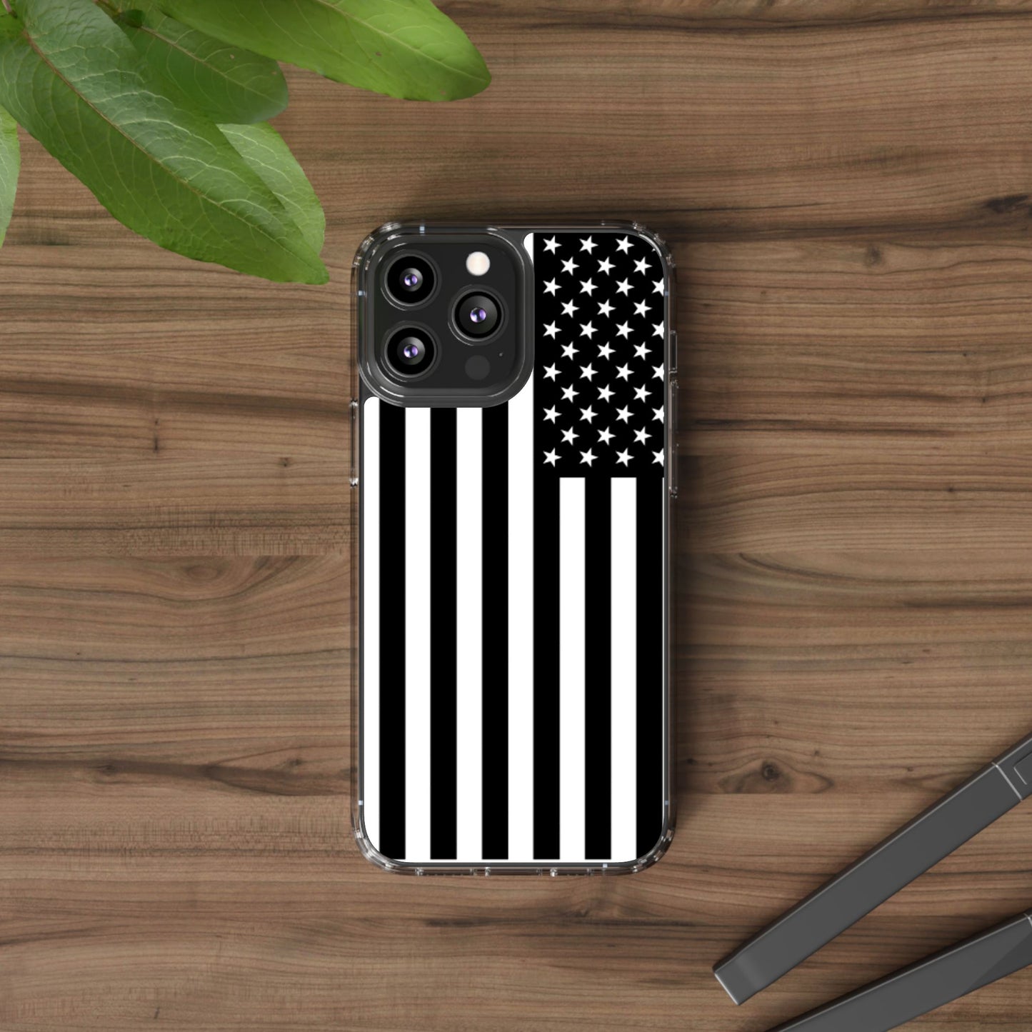 Patriotic Clear Phone Case - Black and White American Flag Design