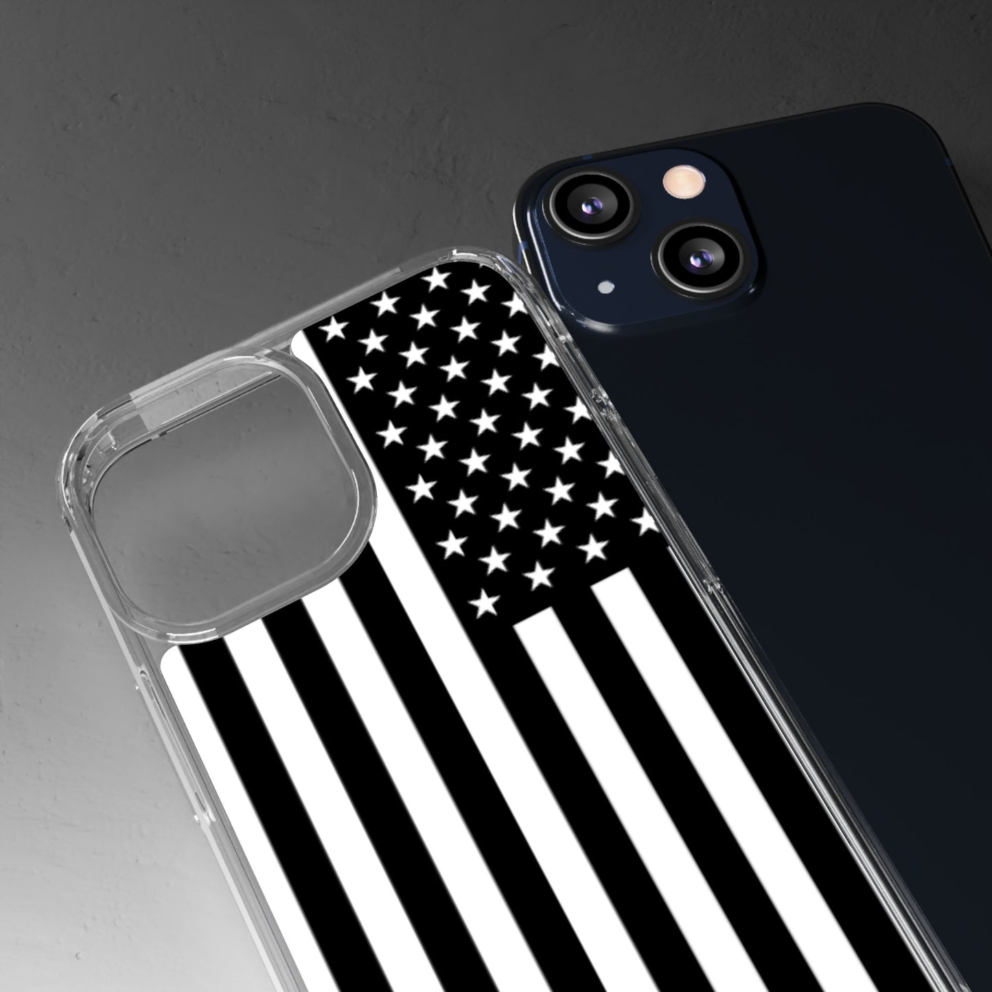 Patriotic Clear Phone Case - Black and White American Flag Design