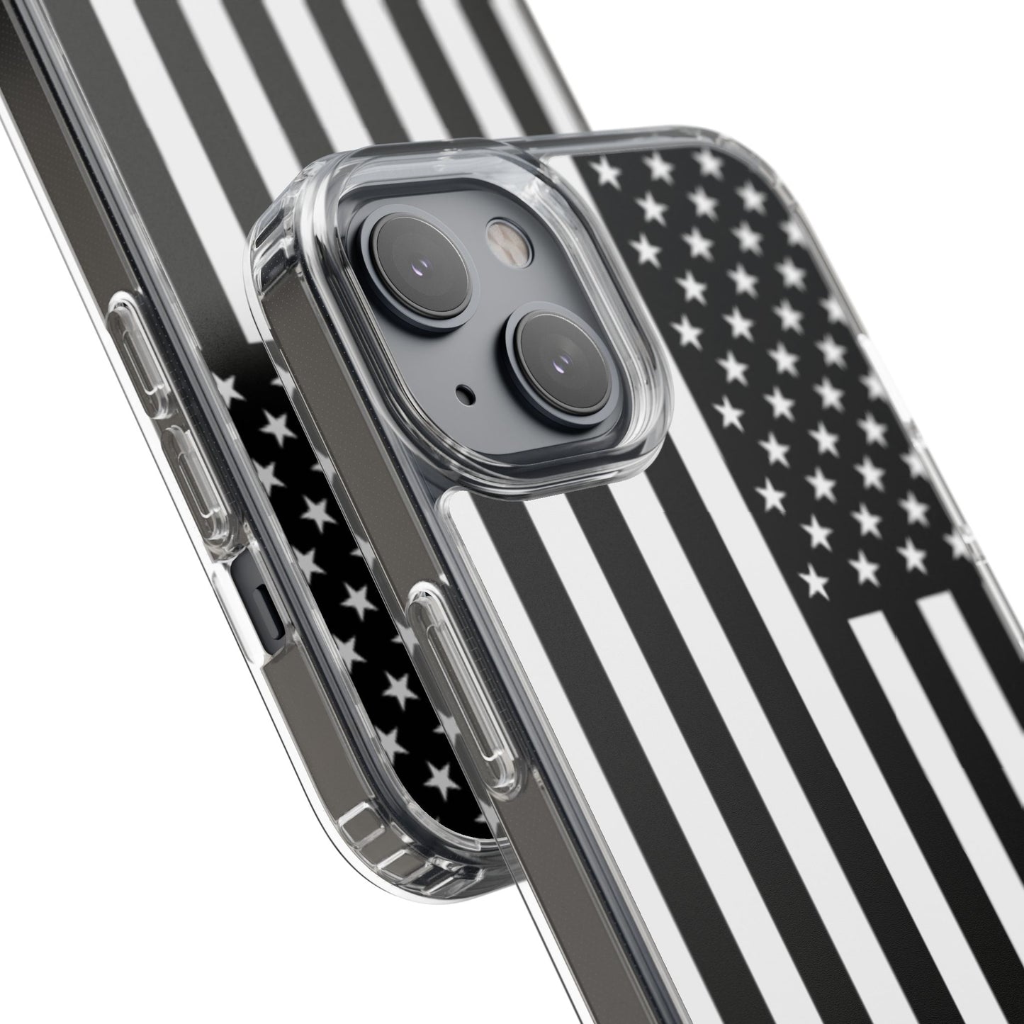 Patriotic Clear Phone Case - Black and White American Flag Design