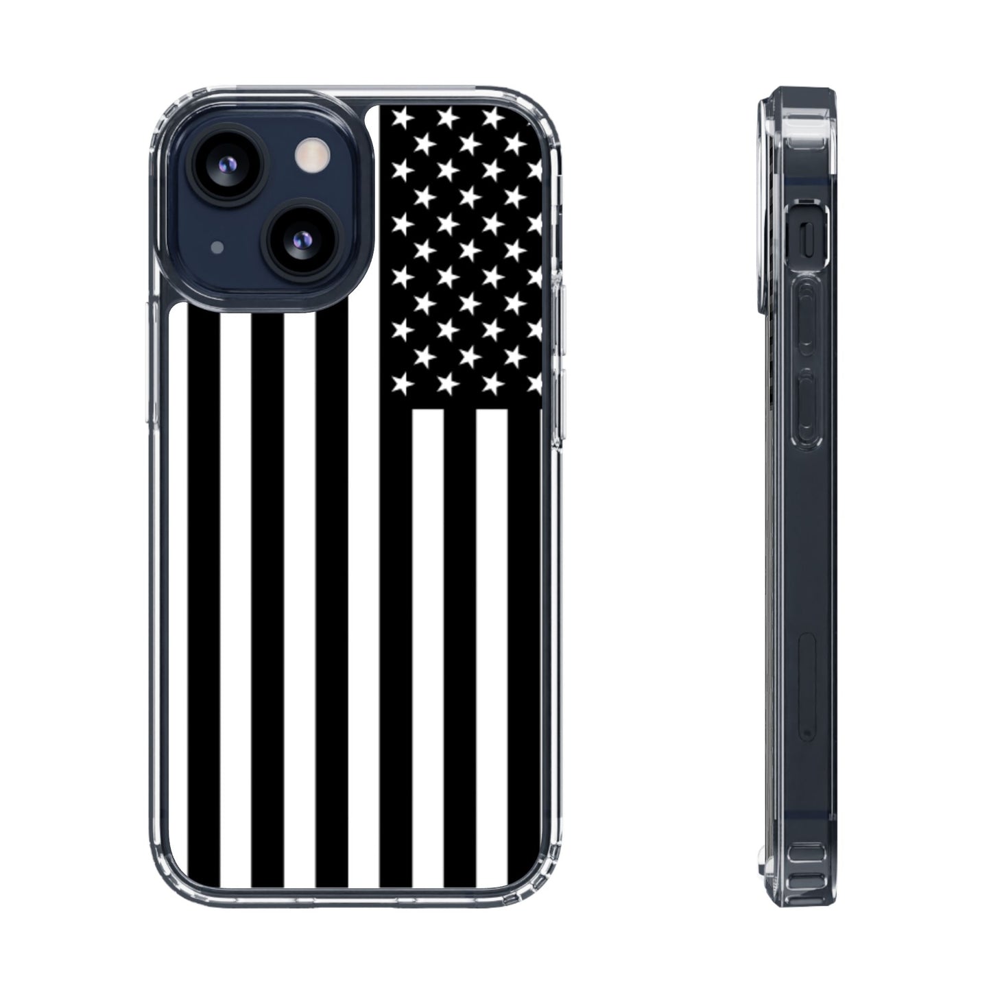 Patriotic Clear Phone Case - Black and White American Flag Design