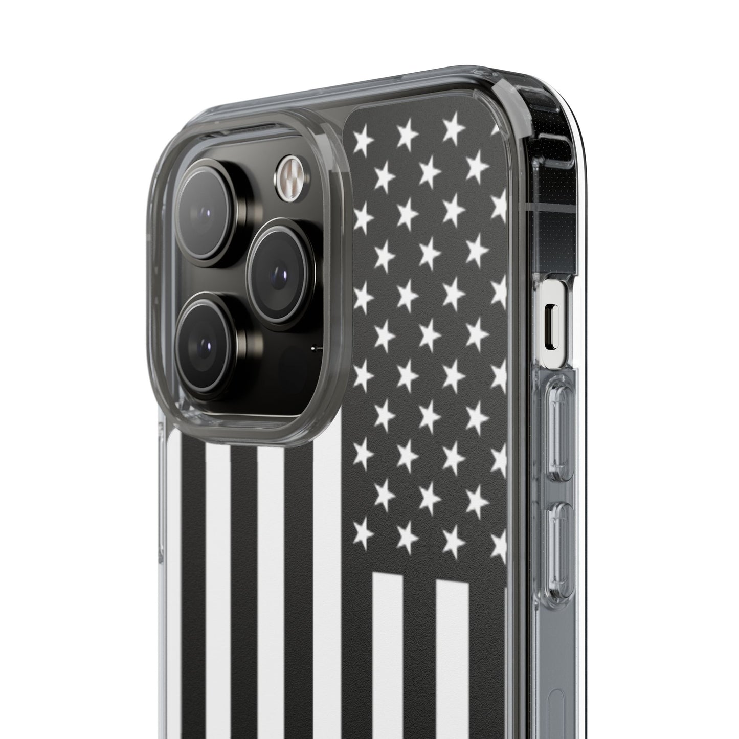Patriotic Clear Phone Case - Black and White American Flag Design