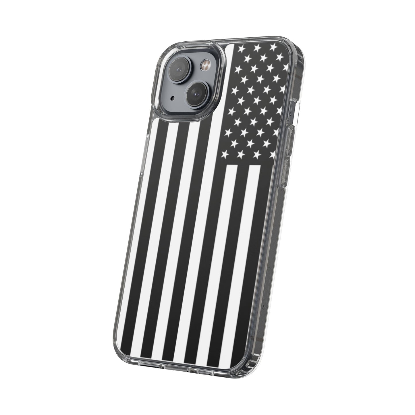 Patriotic Clear Phone Case - Black and White American Flag Design