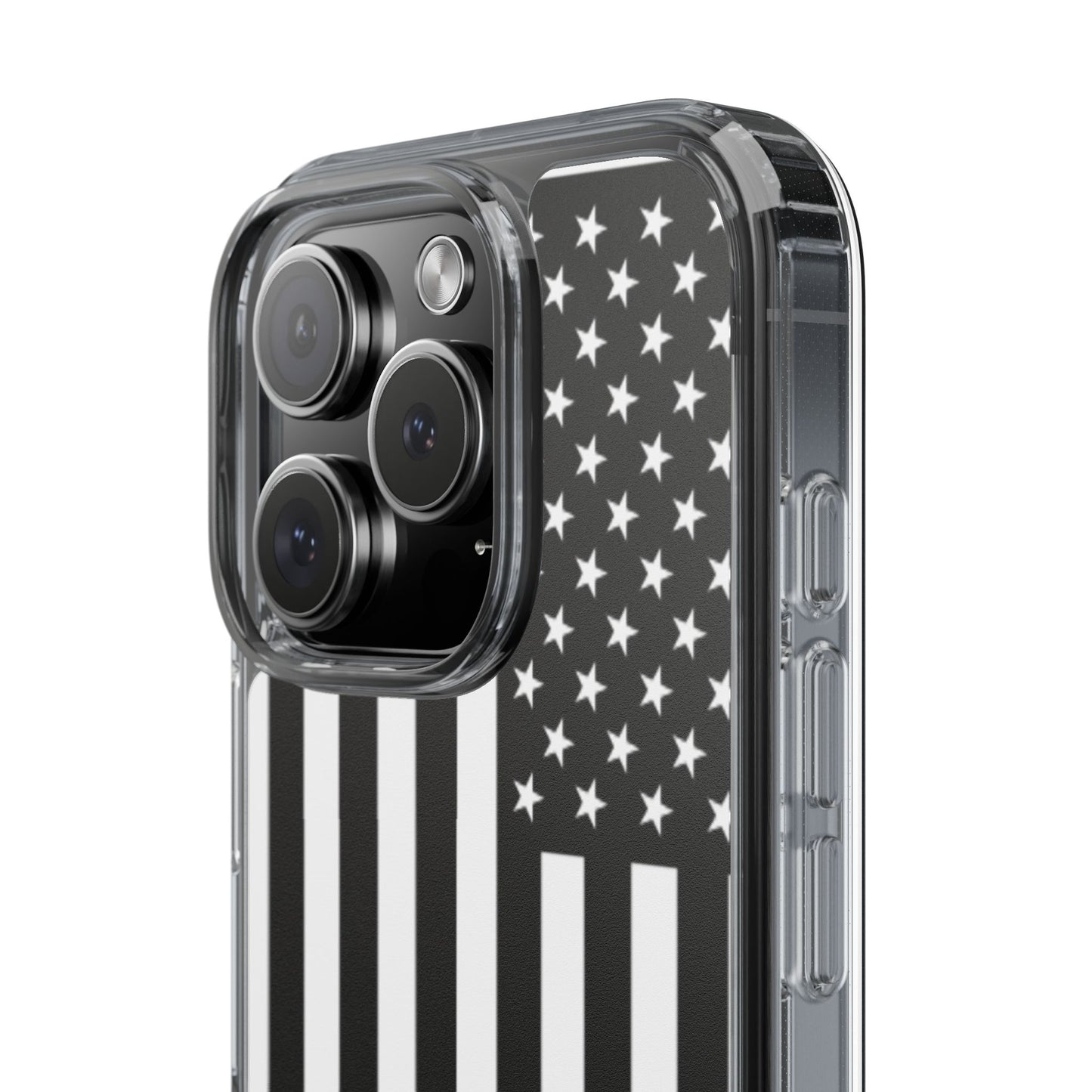 Patriotic Clear Phone Case - Black and White American Flag Design