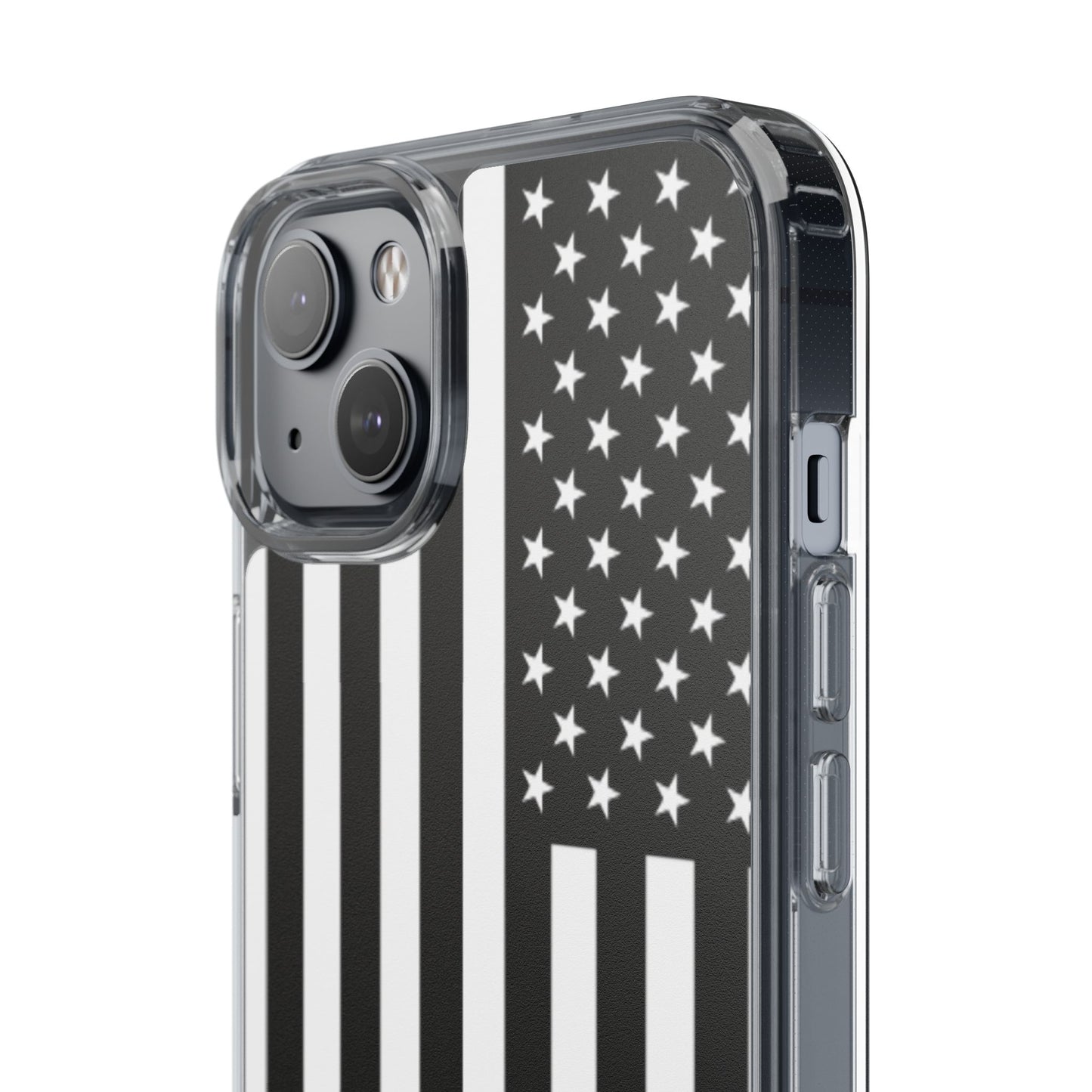 Patriotic Clear Phone Case - Black and White American Flag Design