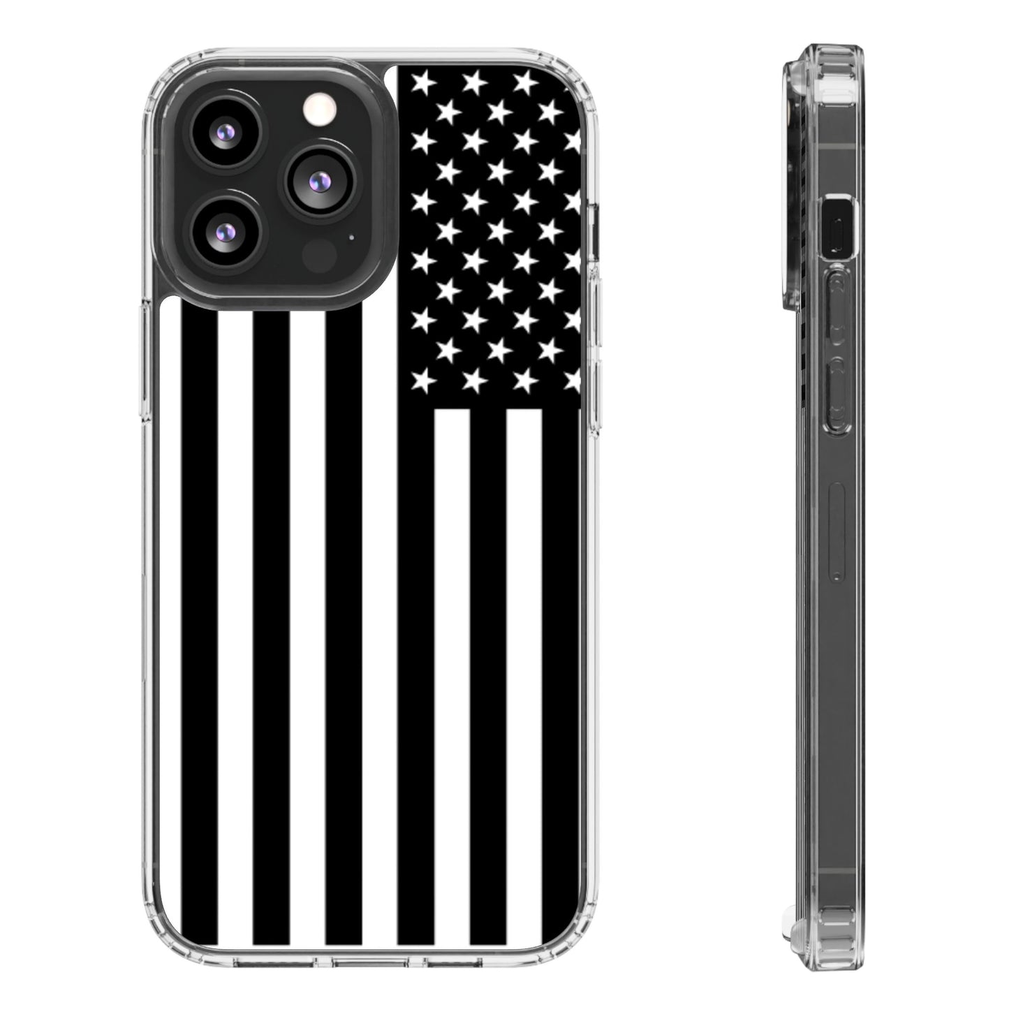 Patriotic Clear Phone Case - Black and White American Flag Design