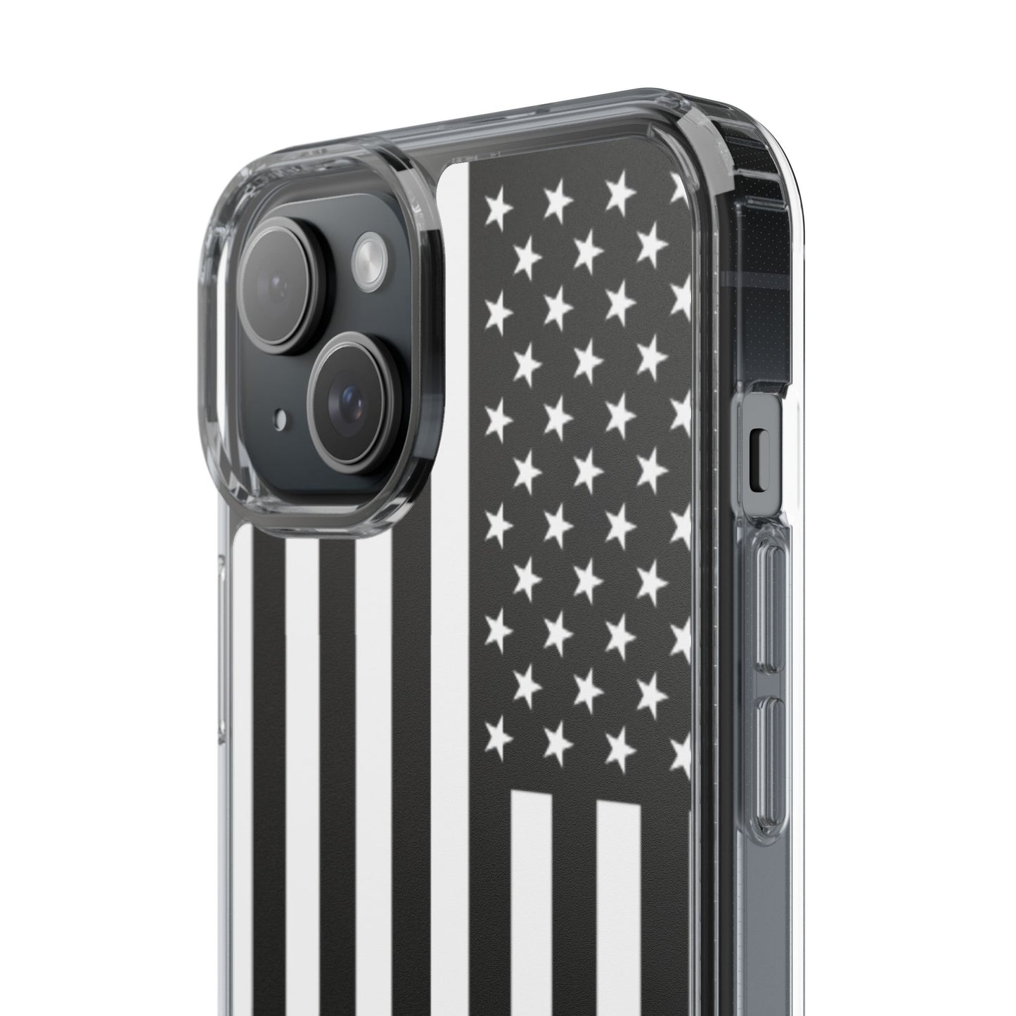 Patriotic Clear Phone Case - Black and White American Flag Design
