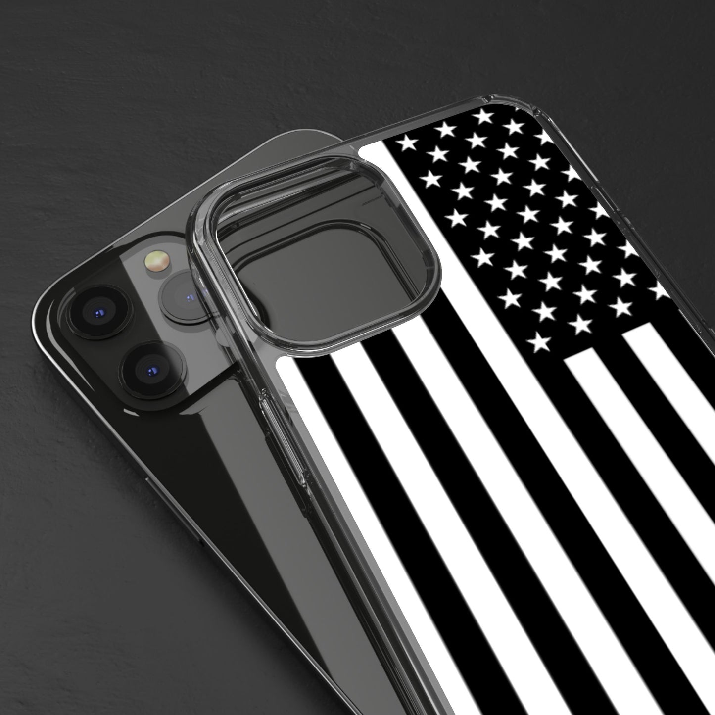 Patriotic Clear Phone Case - Black and White American Flag Design