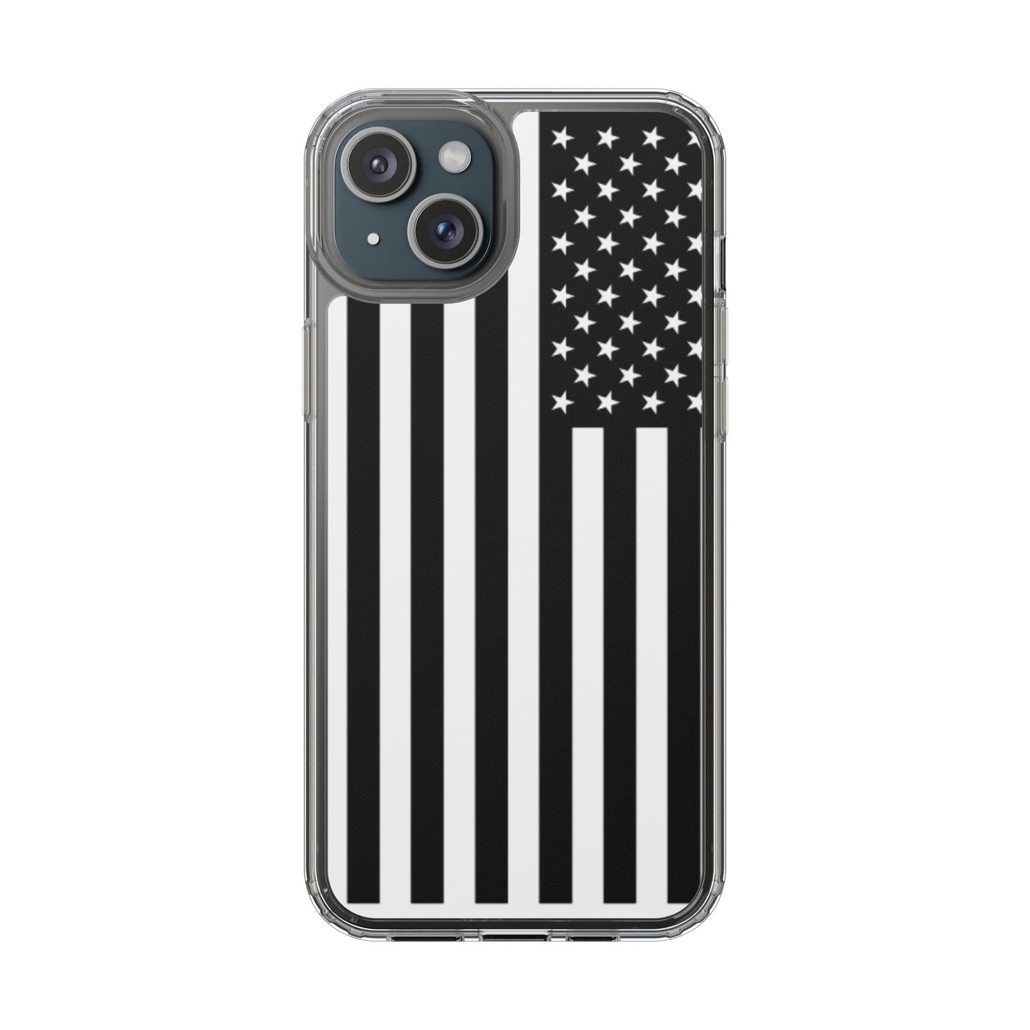 Patriotic Clear Phone Case - Black and White American Flag Design