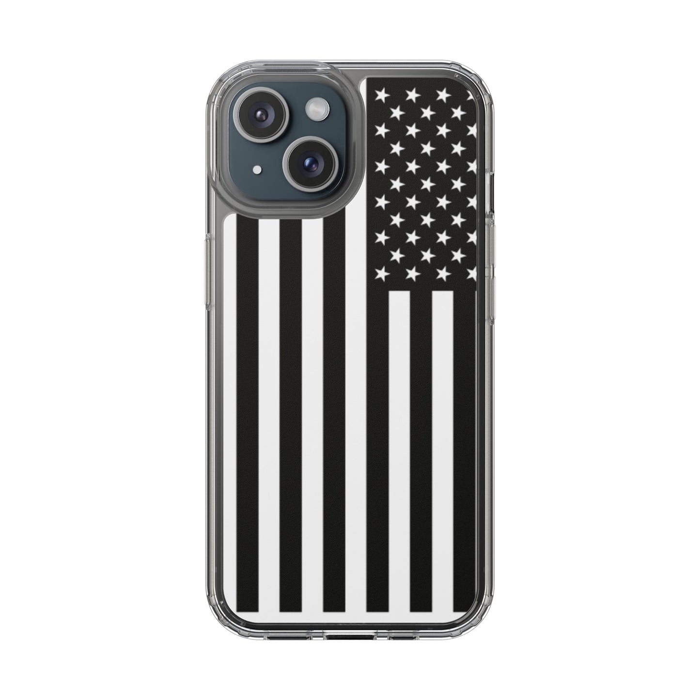 Patriotic Clear Phone Case - Black and White American Flag Design